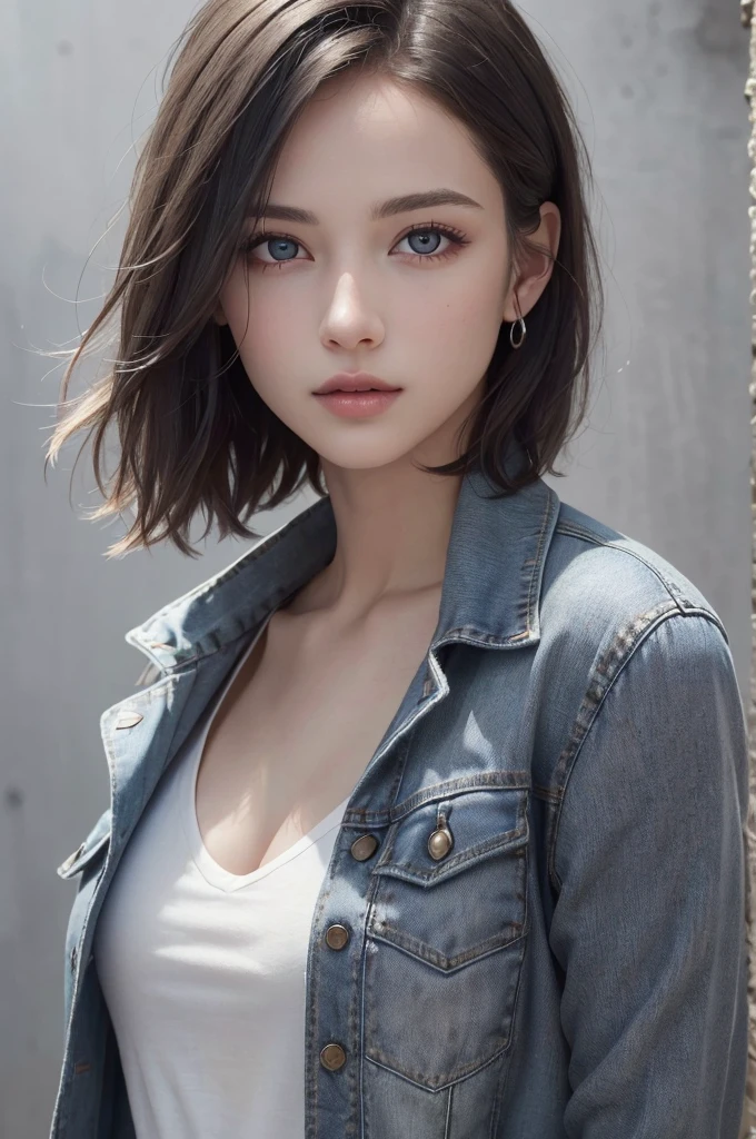 8K Ultra HD、RAWphotograph、モデルphotograph撮影、 European Fashion、(masterpiece、Highest quality、Realistic、High resolution、photograph:1.3)、close、focus on、Hot Model、slim、30 year old mature woman、Small face、No makeup、short hair、Beautiful dark brown Hayne eyes、Genuineスキン、(Perfect body)、Sexy hot face、sexual sight、slim、shirt、Denim Jacket、Long sleeve、Beautiful eyes in every detail、Glossy lips、((Bright light、Dynamic Lighting、Genuine、超Genuine、 realism、Genuineなディテール、Cool Beauty、Cool pose、Background gray、Plain gray background
