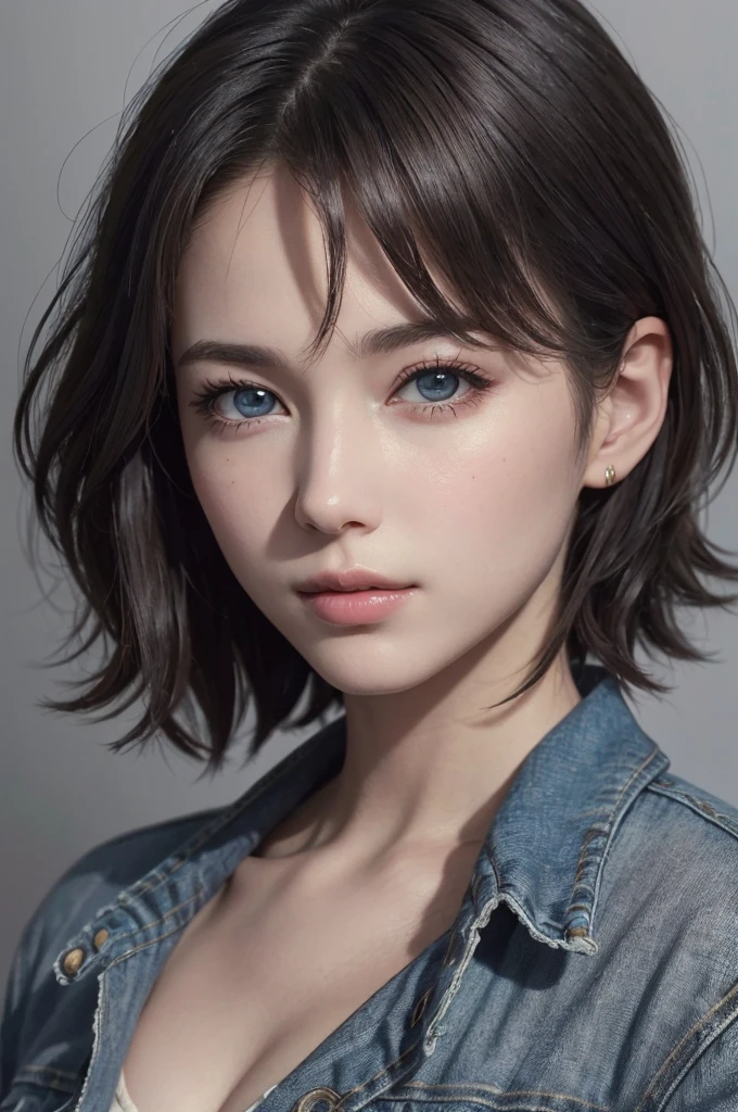 8K Ultra HD、RAWphotograph、モデルphotograph撮影、 European Fashion、(masterpiece、Highest quality、Realistic、High resolution、photograph:1.3)、close、focus on、Hot Model、slim、30 year old mature woman、Small face、No makeup、short hair、Beautiful dark brown Hayne eyes、Genuineスキン、(Perfect body)、Sexy hot face、sexual sight、slim、shirt、Denim Jacket、Long sleeve、Beautiful eyes in every detail、Glossy lips、((Bright light、Dynamic Lighting、Genuine、超Genuine、 realism、Genuineなディテール、Cool Beauty、Cool pose、Background gray、Plain gray background