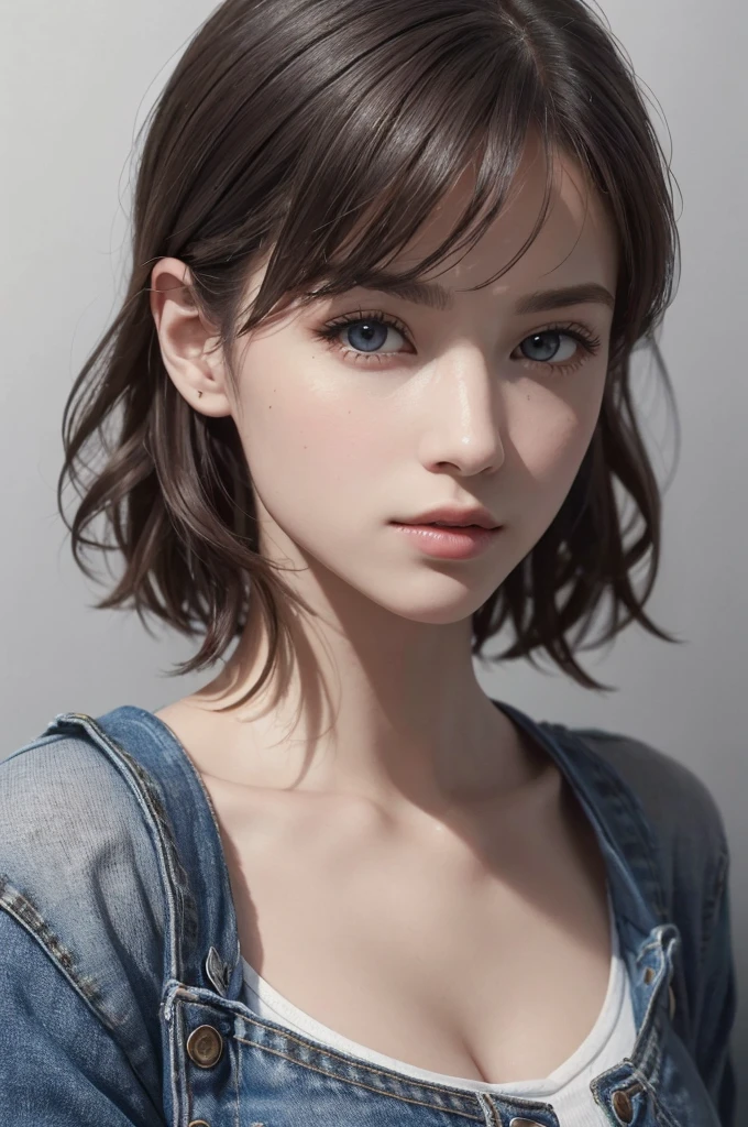 8K Ultra HD、RAWphotograph、モデルphotograph撮影、 European Fashion、(masterpiece、Highest quality、Realistic、High resolution、photograph:1.3)、close、focus on、Hot Model、slim、30 year old mature woman、Small face、No makeup、short hair、Beautiful dark brown Hayne eyes、Genuineスキン、(Perfect body)、Sexy hot face、sexual sight、slim、shirt、Denim Jacket、Long sleeve、Beautiful eyes in every detail、Glossy lips、((Bright light、Dynamic Lighting、Genuine、超Genuine、 realism、Genuineなディテール、Cool Beauty、Cool pose、Background gray、Plain gray background