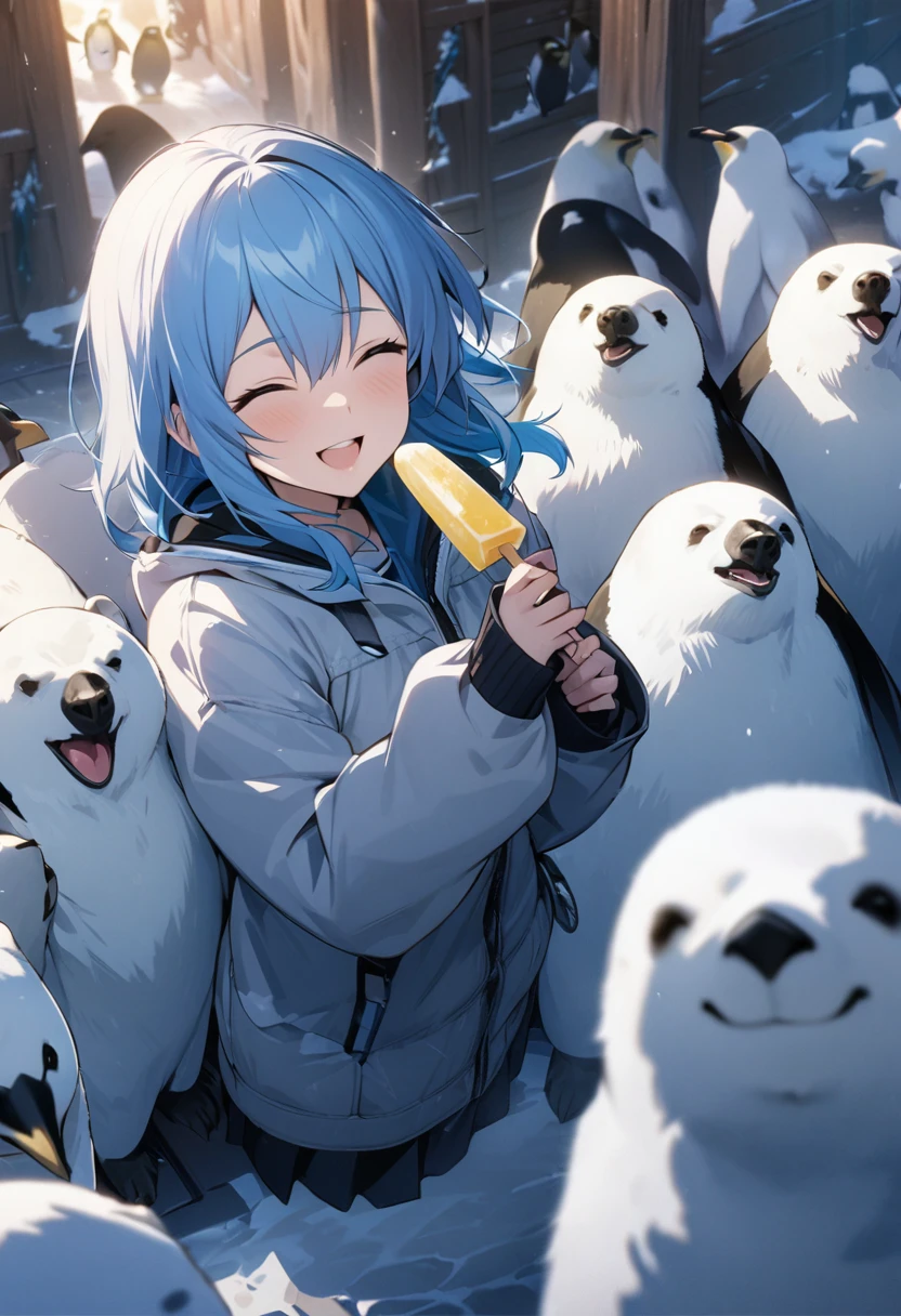 masterpiece, best quality, extremely detailed CG unity 8k wallpaper, Cool atmosphere、A girl eating ice cream on drift ice、Blue Hair、18-year-old、Surrounded by polar bears and penguins、All smiles、Cold wind blows、