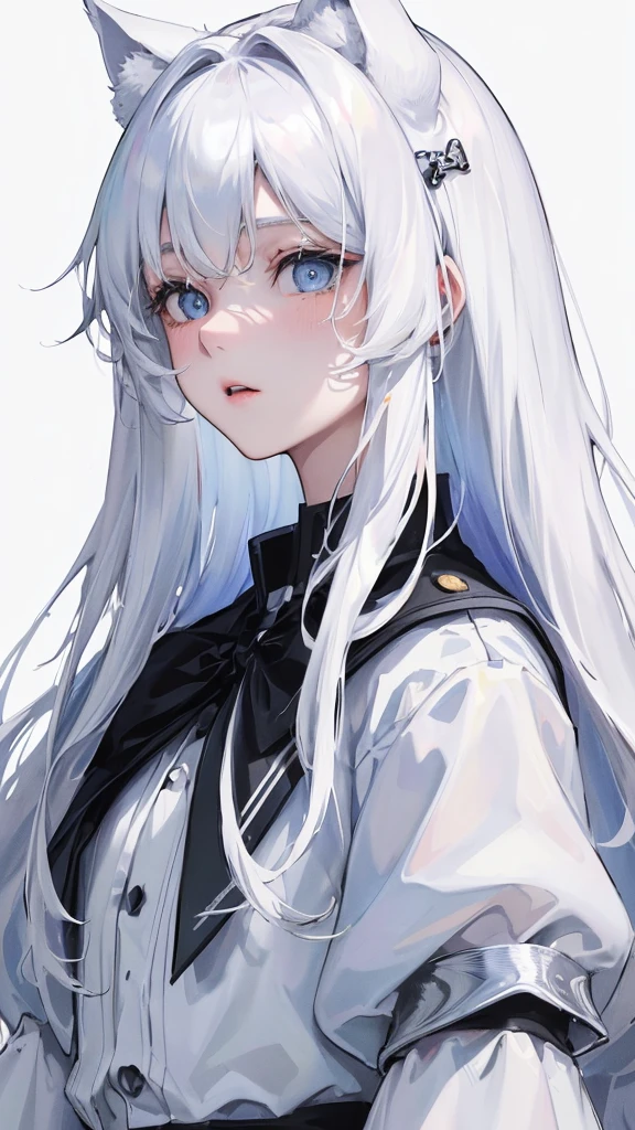 (Top resolution、Distinct_image)top-quality、A girl have white fluffy dog ears、​masterpiece、highly detailed、Semi-realistic、blue eyes  、18year old、young、cool clothing、Exquisite facial features、Facial features ,variation potrait, a white background,  white hair , long  hairstyles, students uniform, teenage, cute, black cloaks 