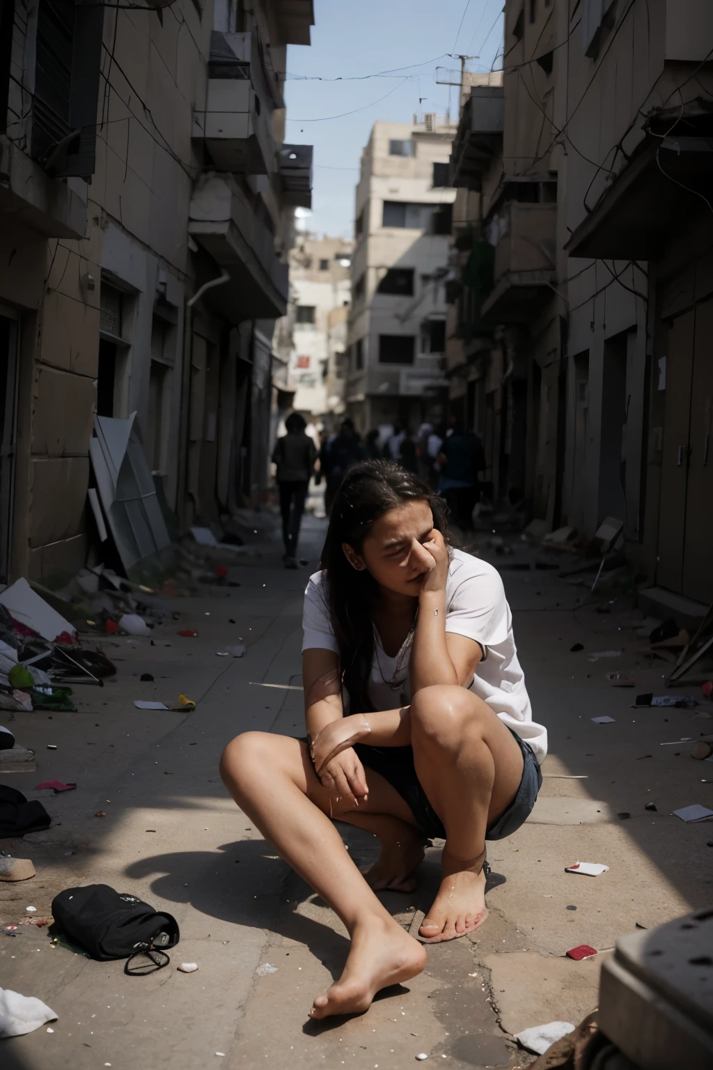 A Palestinian who was hit by bomb fragments cries looking for his mother amidst the chaos of the atmosphere