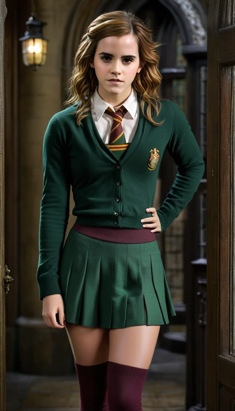 photo of beautiful Emma Watson as hermione granger (emma watson) in accurate costume, large breasts, cleavage, in hogwart slytherin dormitory, full length shot, modelshoot style, (extremely detailed CG unity 8k wallpaper), professional majestic (photography by Steve McCurry), 8k uhd, dslr, soft lighting, high quality, (film_grain:1.2), Fujifilm XT3 High Detail, dramatic, (looking at viewer:1.2), (detailed pupils:1.3), (natural light), (((full body shot:1.3))), perfect body, beautiful face, long hair, very detailed eyes, intricate details in eyes, puckered lips, perfect fit body, wide hips, small waist, thick thighs, firm abs, beautiful body, extremely detailed, intricate details, highly detailed, detailed skin, realistic skin texture, texture, detailed eyes, maximum detail, roughness, real life, ultra realistic, photorealism, photography, absurdres, RAW photo, highest quality, high detail RAW color photo, professional photo, highres, super detailed