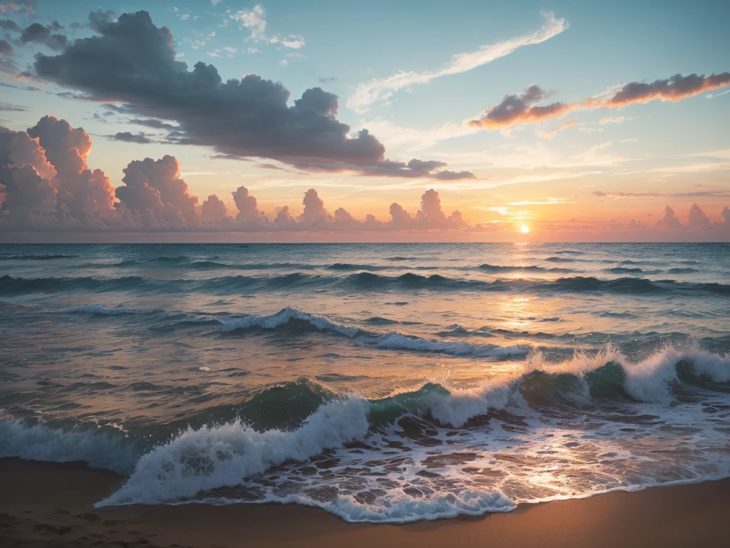 An absolutely mesmerizing sunset over the beach, with a blend of oranges, pinks, and yellows filling the sky. Crystal-clear waters of the sea gently kissing the shore, with sandy white beach stretching far and wide. The scene is dynamic and breathtaking, with seagulls soaring high in the sky and gently swaying palm trees. Take in the calming atmosphere and let the peacefulness wash over you.