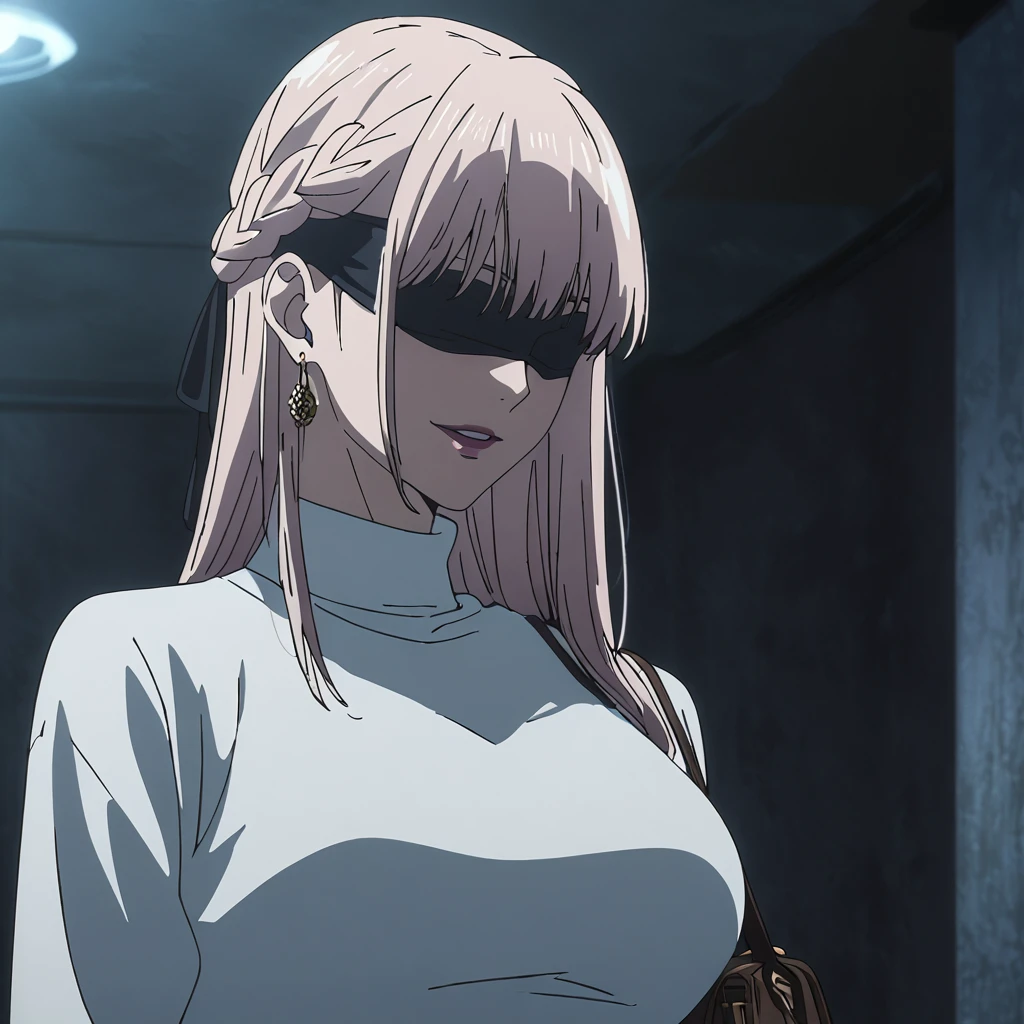 1girl, female gojo satoru, anime screencap from jujutsu kaisen, gojo satoru female version, solo, long_hair, ((wearing black blindfold)) ((White_hair, elegant hairstyle, french braid)), night view, (hanging breasts) upper_body, smile, indoors, book, lips, (slightly straight hair) ((wearing white sweater)) breast, "very detailed and high resolution" (black blindfold) ((shoulder length straight hair)) ((solo)) (((front view))) (earings) ((high resolution)) ((good quality)) ((elegant hairstyle, french braid)) ((hand bag))