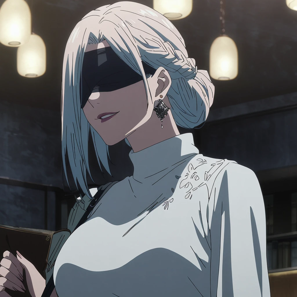 1girl, female gojo satoru, anime screencap from jujutsu kaisen, gojo satoru female version, solo, long_hair, ((wearing black blindfold)) ((White_hair, elegant hairstyle, french braid)), night view, (hanging breasts) upper_body, smile, indoors, book, lips, (slightly straight hair) ((wearing white sweater)) breast, "very detailed and high resolution" (black blindfold) ((shoulder length straight hair)) ((solo)) (((front view))) (earings) ((high resolution)) ((good quality)) ((elegant hairstyle, french braid)) ((hand bag))