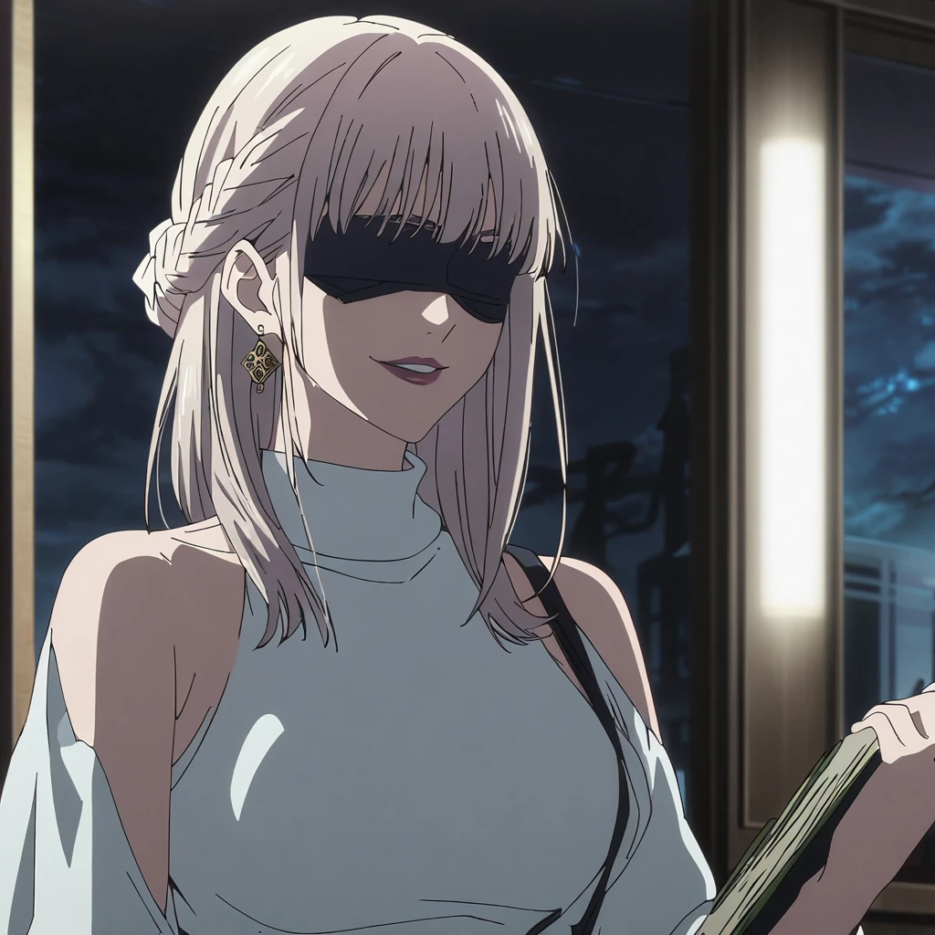 1girl, female gojo satoru, anime screencap from jujutsu kaisen, gojo satoru female version, solo, long_hair, ((wearing black blindfold)) ((White_hair, elegant hairstyle, french braid)), night view, (hanging breasts) upper_body, smile, indoors, book, lips, (slightly straight hair) ((wearing white sweater)) breast, "very detailed and high resolution" (black blindfold) ((shoulder length straight hair)) ((solo)) (((front view))) (earings) ((high resolution)) ((good quality)) ((elegant hairstyle, french braid)) ((hand bag))