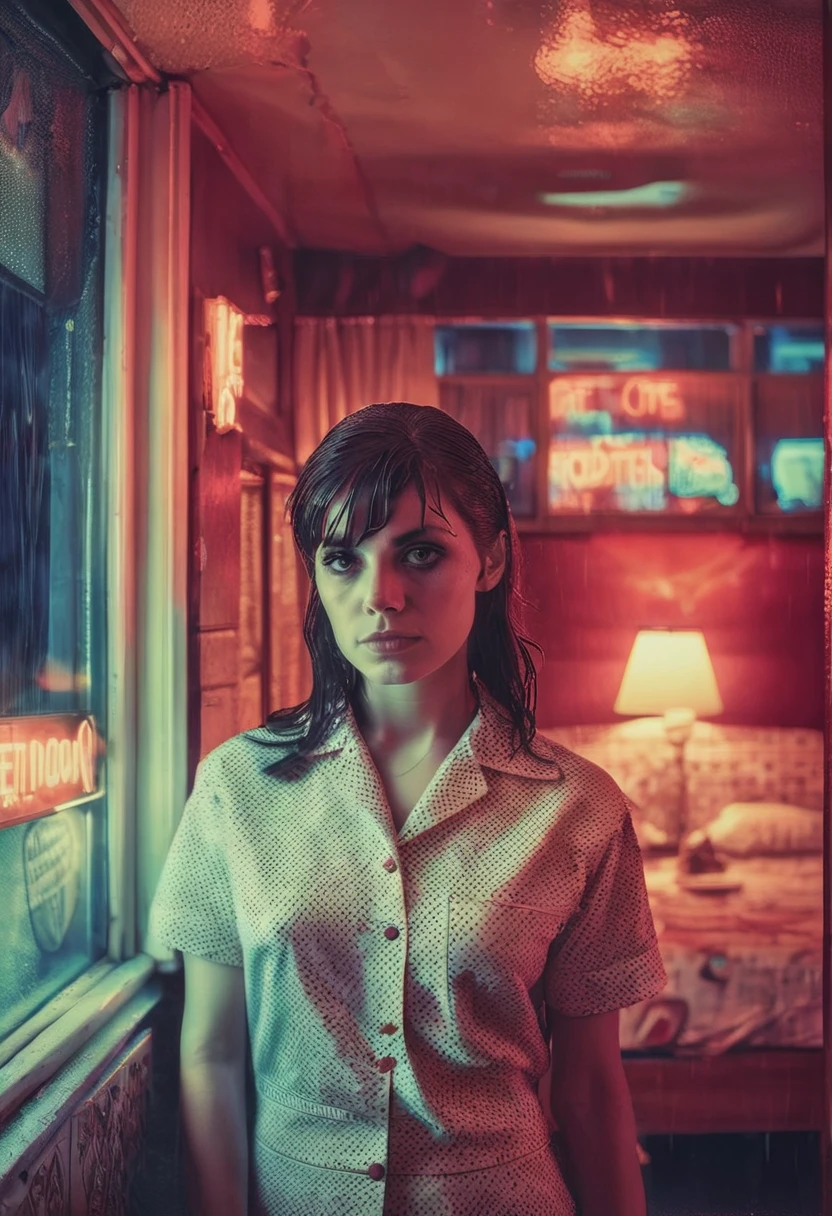 Photo of a young woman standing inside a motel room looking at the camera, from 1960s, red theme, a window at the background, New York street at night with pouring rain and neon signs inside the window, night
