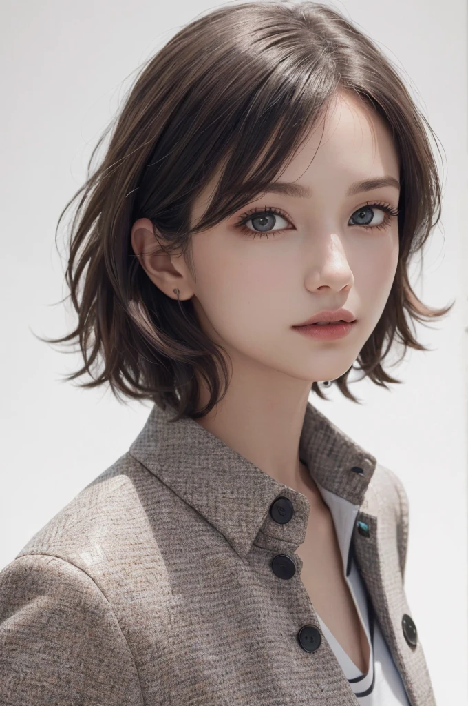 8K Ultra HD、RAWphotograph、モデルphotograph撮影、 European Fashion、(masterpiece、Highest quality、Realistic、High resolution、photograph:1.3)、close、focus on、Hot Model、slim、30 year old mature woman、Small face、No makeup、short hair、Beautiful dark brown Hayne eyes、Genuineスキン、(Perfect body)、Sexy hot face、sexual sight、slim、Tweed jacket、Long sleeve、High neck shirt、Button up,Beautiful eyes in every detail、Glossy lips、((Bright light、Dynamic Lighting、Genuine、超Genuine、 realism、Genuineなディテール、Cool Beauty、Cool pose、Background white、Plain white background