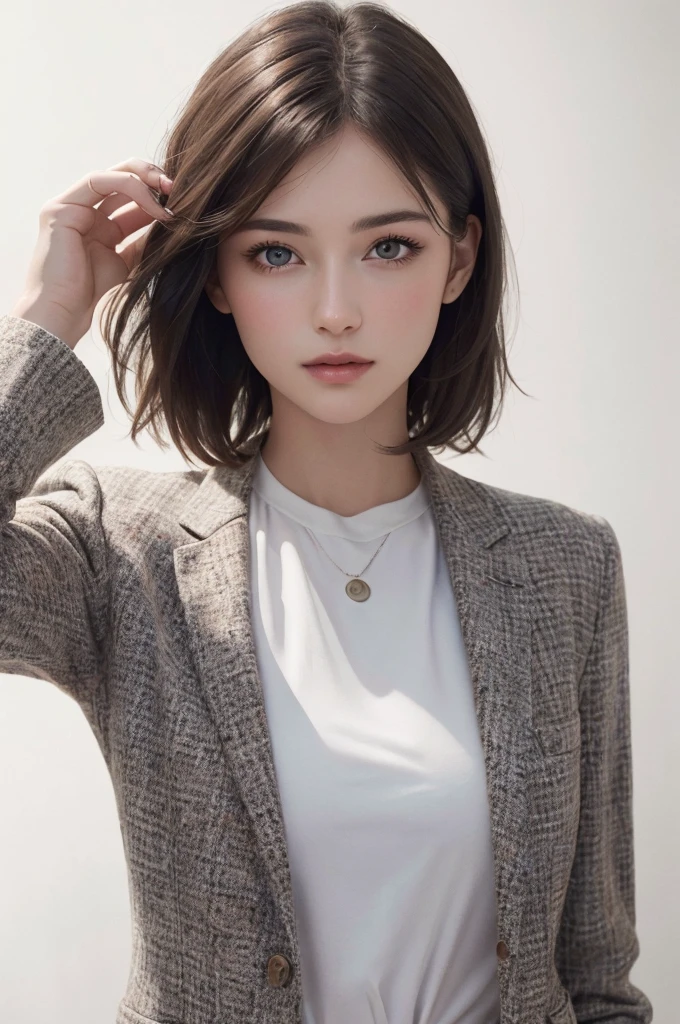 8K Ultra HD、RAWphotograph、モデルphotograph撮影、 European Fashion、(masterpiece、Highest quality、Realistic、High resolution、photograph:1.3)、close、focus on、Hot Model、slim、30 year old mature woman、Small face、No makeup、short hair、Beautiful dark brown Hayne eyes、Genuineスキン、(Perfect body)、Sexy hot face、sexual sight、slim、Tweed jacket、Long sleeve、High neck shirt、Button up,Beautiful eyes in every detail、Glossy lips、((Bright light、Dynamic Lighting、Genuine、超Genuine、 realism、Genuineなディテール、Cool Beauty、Cool pose、Background white、Plain white background