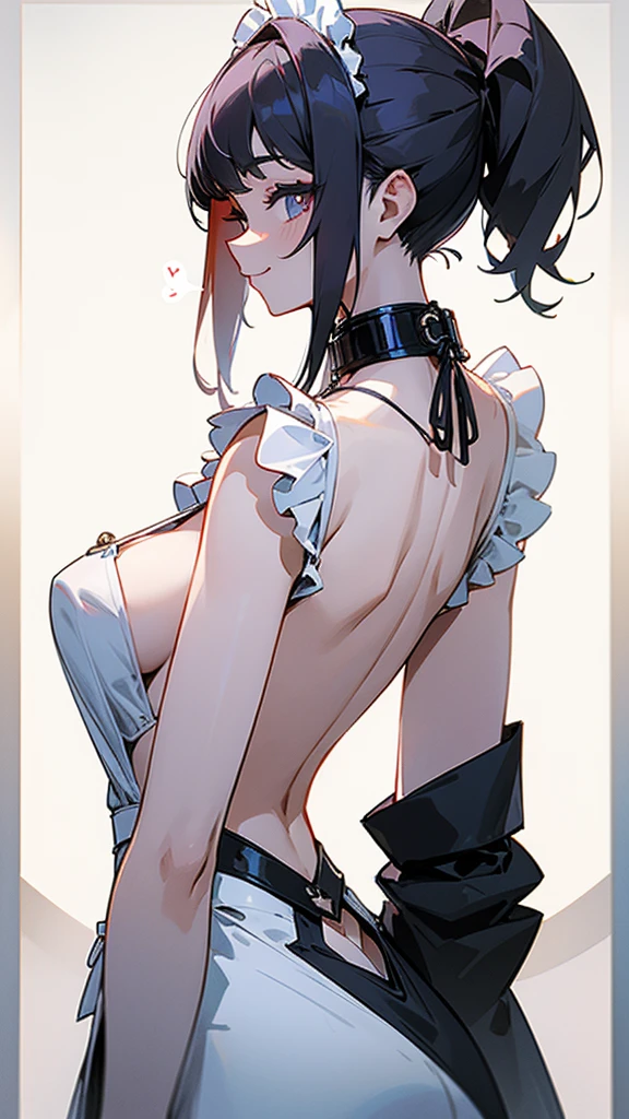 Masterpiece, Perfect hair, Backless V-line maid costum, girl, white skin, Pendant, Smile, 2 view from front and back, all body shot, collar, she say "welcome master", 2 Views: From front and From back, border line,