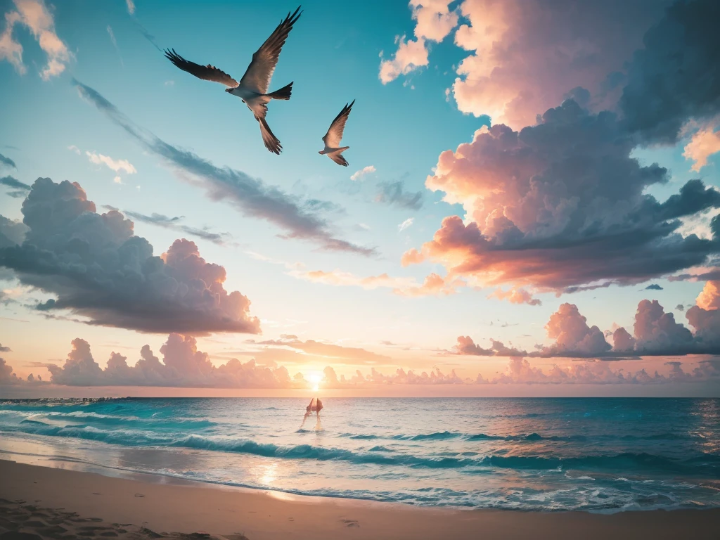 An absolutely mesmerizing sunset over the beach, with a blend of oranges, pinks, and yellows filling the sky. Crystal-clear waters of the sea gently kissing the shore, with sandy white beach stretching far and wide. The scene is dynamic and breathtaking, with seagulls soaring high in the sky and gently swaying palm trees. Take in the calming atmosphere and let the peacefulness wash over you.