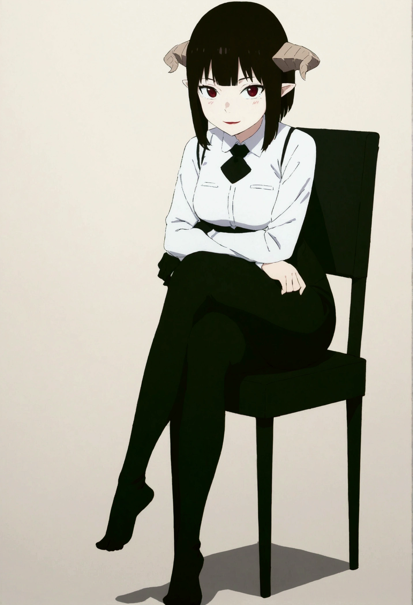 (work of art, ultra detali,high resolution,8K), 1 girl ,standing alone,hinterland,Look to viewer, TochaTortura, trunk,sheen,brunette skin,sitting on a chair,legs crossed,,black socks,horns on head,ssmile,face red,blushed,ssmile,staring overhead
