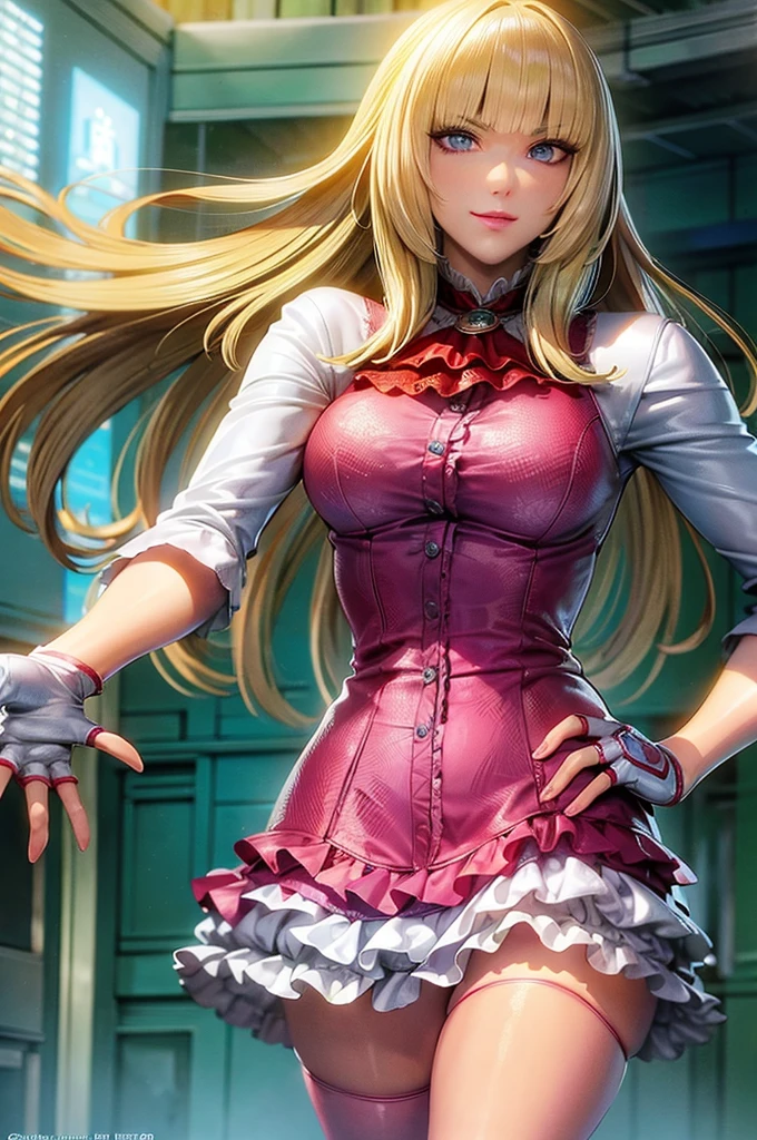 perfect eyes:1.2, detailed eyes:1.4, Emilie T8, blunt bangs, blue eyes, hands on hip, long hair, blonde hair, pink thighhighs, pink frilled dress, frilled ascot, fingerless gloves, smile, red eyeshadow:1.2, makeup:1.2, cowboy shot, 1girl, solo, (masterpiece:1.6, best quality), 8k, insane details, intricate details, hyperdetailed, hyper quality, high detail, ultra detailed, professional, HDR, ray tracing reflection, cinematic lighting,