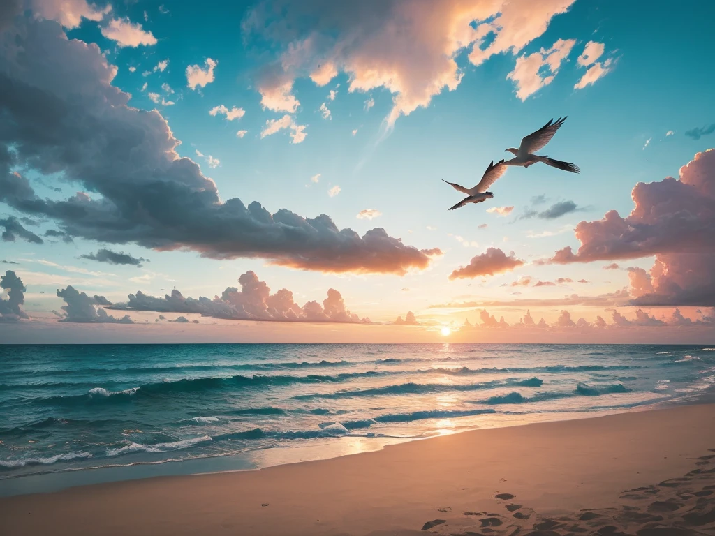 An absolutely mesmerizing sunset over the beach, with a blend of oranges, pinks, and yellows filling the sky. Crystal-clear waters of the sea gently kissing the shore, with sandy white beach stretching far and wide. The scene is dynamic and breathtaking, with seagulls soaring high in the sky and gently swaying palm trees. Take in the calming atmosphere and let the peacefulness wash over you.