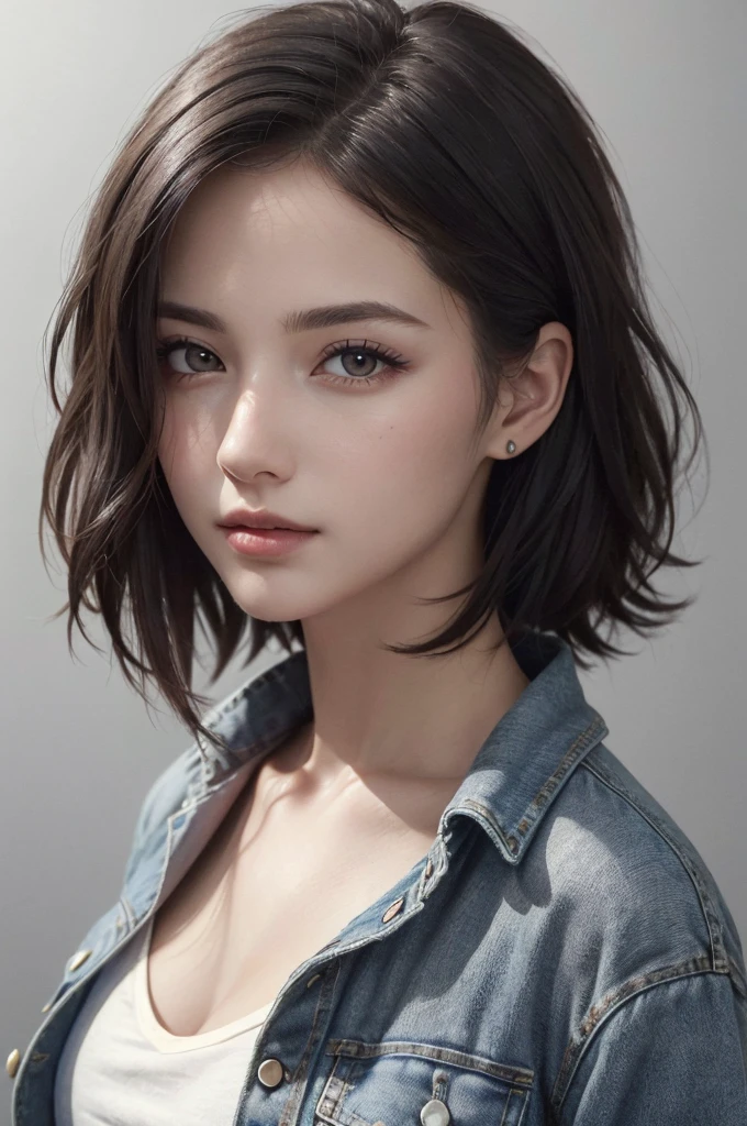 8K Ultra HD、RAWphotograph、モデルphotograph撮影、 European Fashion、(masterpiece、Highest quality、Realistic、High resolution、photograph:1.3)、close、focus on、Hot Model、slim、30 year old mature woman、Small face、No makeup、short hair、Beautiful dark brown Hayne eyes、Genuineスキン、(Perfect body)、Sexy hot face、sexual sight、slim、shirt、Denim Jacket、Long sleeve、Beautiful eyes in every detail、Glossy lips、((Bright light、Dynamic Lighting、Genuine、超Genuine、 realism、Genuineなディテール、Cool Beauty、Cool pose、Background gray、Plain gray background