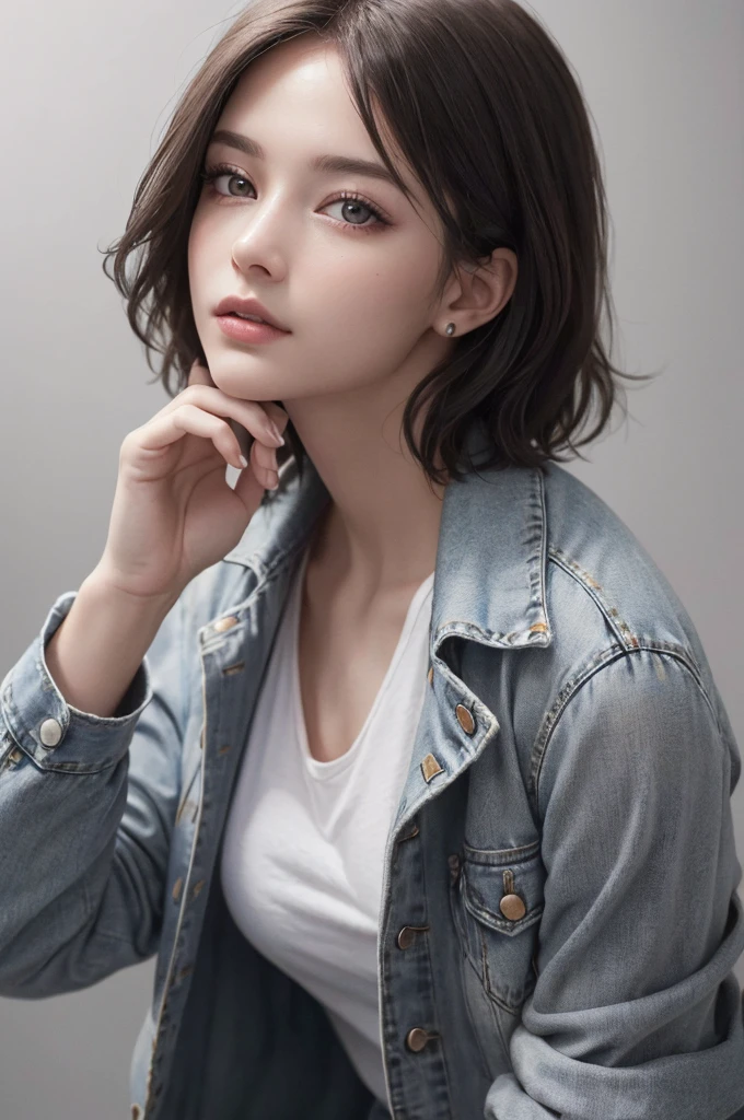 8K Ultra HD、RAWphotograph、モデルphotograph撮影、 European Fashion、(masterpiece、Highest quality、Realistic、High resolution、photograph:1.3)、close、focus on、Hot Model、slim、30 year old mature woman、Small face、No makeup、short hair、Beautiful dark brown Hayne eyes、Genuineスキン、(Perfect body)、Sexy hot face、sexual sight、slim、shirt、Denim Jacket、Long sleeve、Beautiful eyes in every detail、Glossy lips、((Bright light、Dynamic Lighting、Genuine、超Genuine、 realism、Genuineなディテール、Cool Beauty、Cool pose、Background gray、Plain gray background