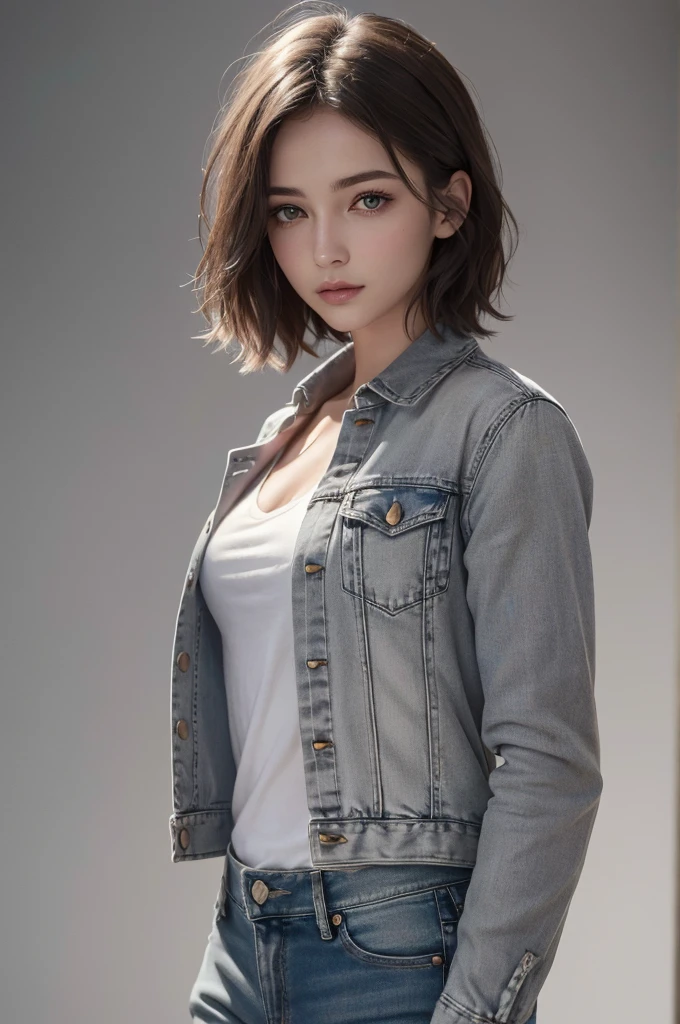 8K Ultra HD、RAWphotograph、モデルphotograph撮影、 European Fashion、(masterpiece、Highest quality、Realistic、High resolution、photograph:1.3)、close、focus on、Hot Model、slim、30 year old mature woman、Small face、No makeup、short hair、Beautiful dark brown Hayne eyes、Genuineスキン、(Perfect body)、Sexy hot face、sexual sight、slim、shirt、Denim Jacket、Long sleeve、Beautiful eyes in every detail、Glossy lips、((Bright light、Dynamic Lighting、Genuine、超Genuine、 realism、Genuineなディテール、Cool Beauty、Cool pose、Background gray、Plain gray background