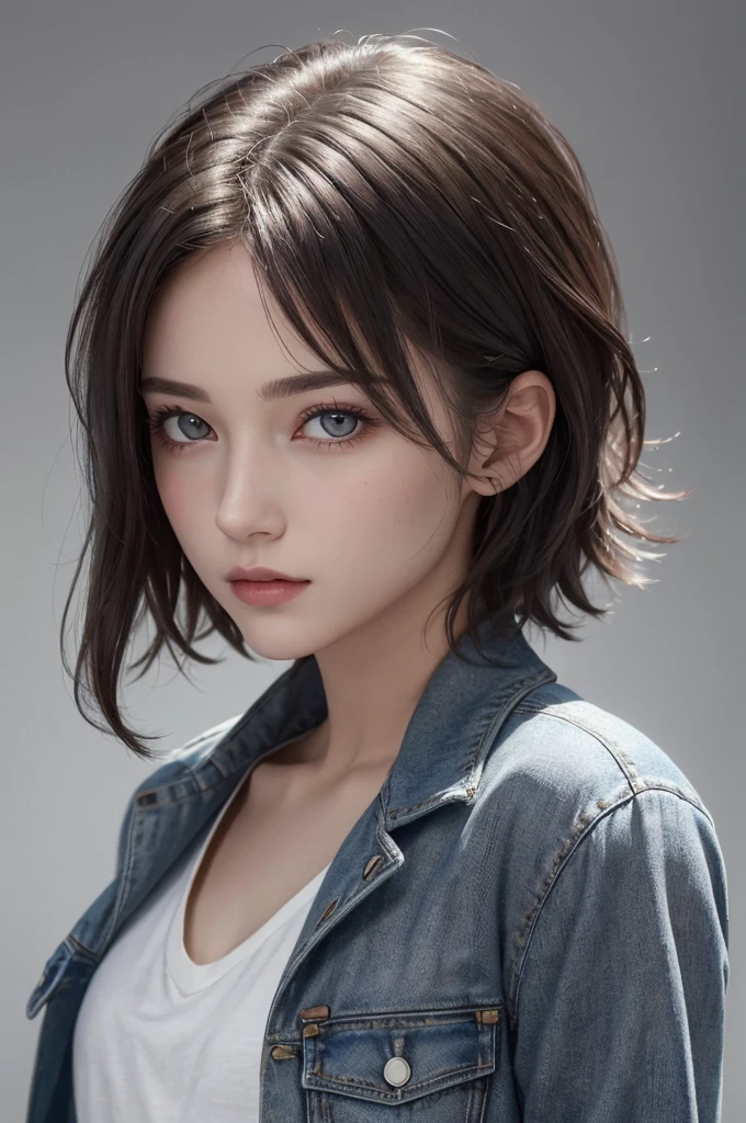 8K Ultra HD、RAWphotograph、モデルphotograph撮影、 European Fashion、(masterpiece、Highest quality、Realistic、High resolution、photograph:1.3)、close、focus on、Hot Model、slim、30 year old mature woman、Small face、No makeup、short hair、Beautiful dark brown Hayne eyes、Genuineスキン、(Perfect body)、Sexy hot face、sexual sight、slim、shirt、Denim Jacket、Long sleeve、Beautiful eyes in every detail、Glossy lips、((Bright light、Dynamic Lighting、Genuine、超Genuine、 realism、Genuineなディテール、Cool Beauty、Cool pose、Background gray、Plain gray background