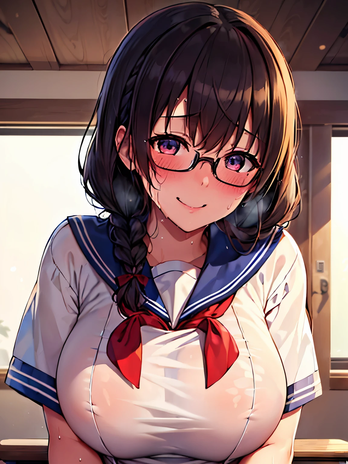(8K, Highest quality, masterpiece:1.2),高品質CG Unity 8K 大容量ファイル,Very detailed,High resolution,Beautiful Eyes,Ray Tracing,Dramatic Shadows,finely,Hyper Detail,(1 Girl), anime, Perfect body, 

Black Hair, (Braid, Glasses), 
(:1.2
(Sailor suit:1.2)、Short sl、Red ribbon、

(blush、Sweat:1.3)、smile、

Uppedy、
School classroom、