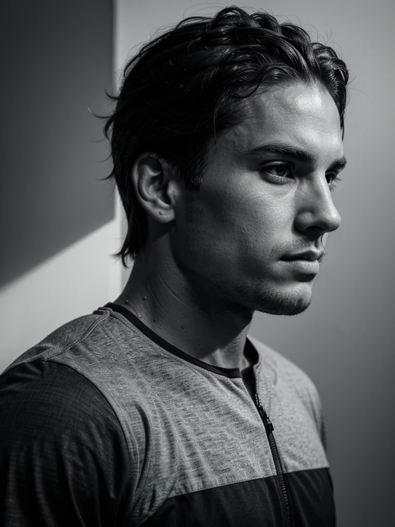 handsome man dressed in black and white, athletic, Profile, looking to the camera, whole body, medium shot