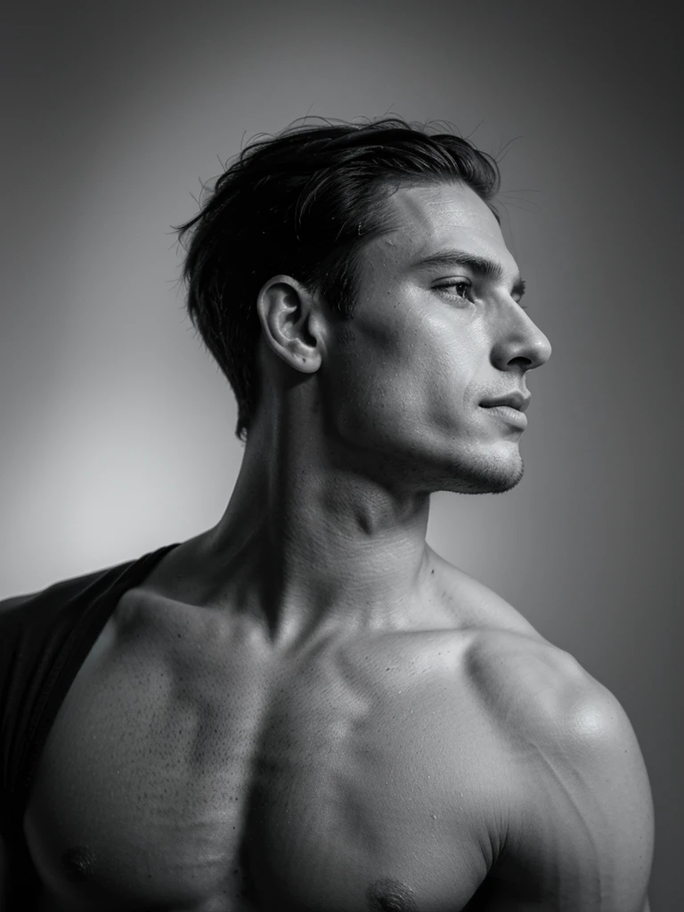 handsome man dressed in black and white, athletic, Profile, looking to the camera, whole body, medium shot