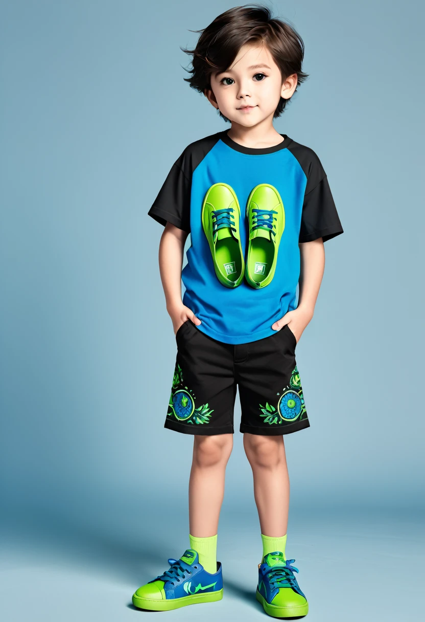 A boy with a shirt with green shoe designs,blue and black shorts