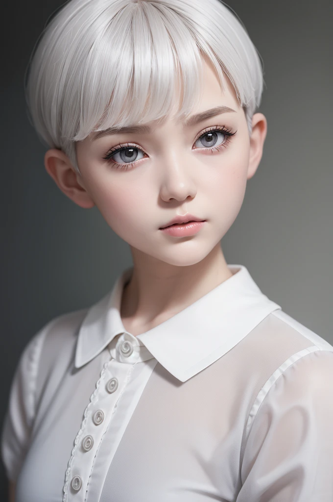  cartoon-like, doll with white skin , medium short gray hair , nose a little big , man with young old appearance , white blouse, background of making 
