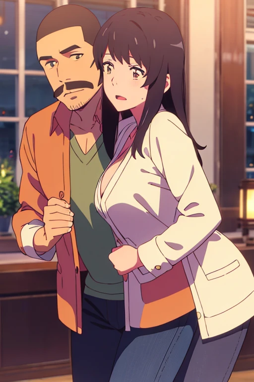 shinkai makoto, kimi no na wa., middle aged man, buzzcut, nude, muscular, wrinkles, mustache, middle aged man touching girl breast,breastgrope from behind, passionate hug, middle aged man is hugging from behind, 1girl, bangs, black hair, brown eyes, open mouth, Twisted Half Up, red ribbon, long hair, long sleeve light yellow cardigan, open shirt, yellow shirt, cleavage, breast, medium breast, Orange shirt, orange jeans, night, indoors, mall, masterpiece, perfect anatomy, cowboyshot,