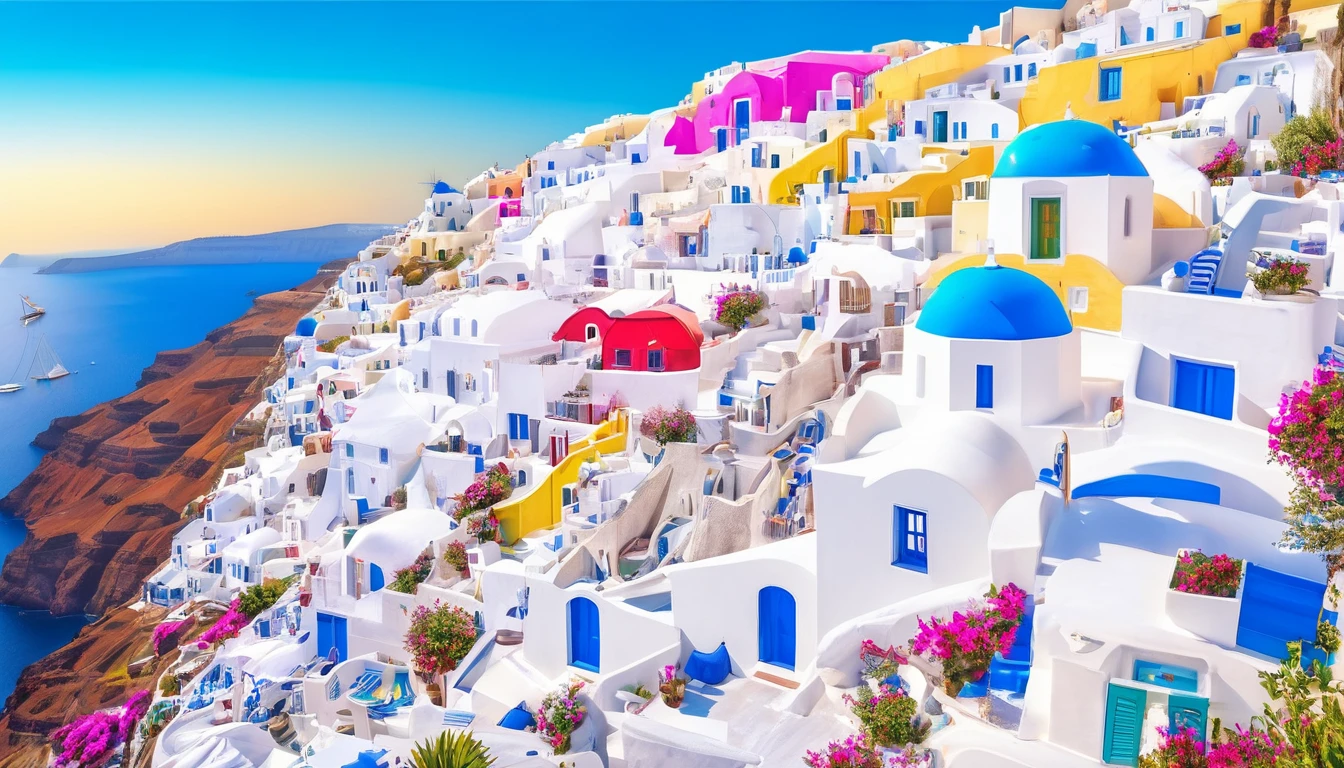 aerial front view Santorini Greece, multi color house blue cyan pink green yellow red, daylight, Mediterranean landscape, Greek fantasy panorama, Greek architecture, Greek fantasy, incredibly beautiful, Greek style, Mediterranean city, breathtaking image, masterpiece artwork, 8k, 16k, best quality, high detail, high quality, super detail, high resolution