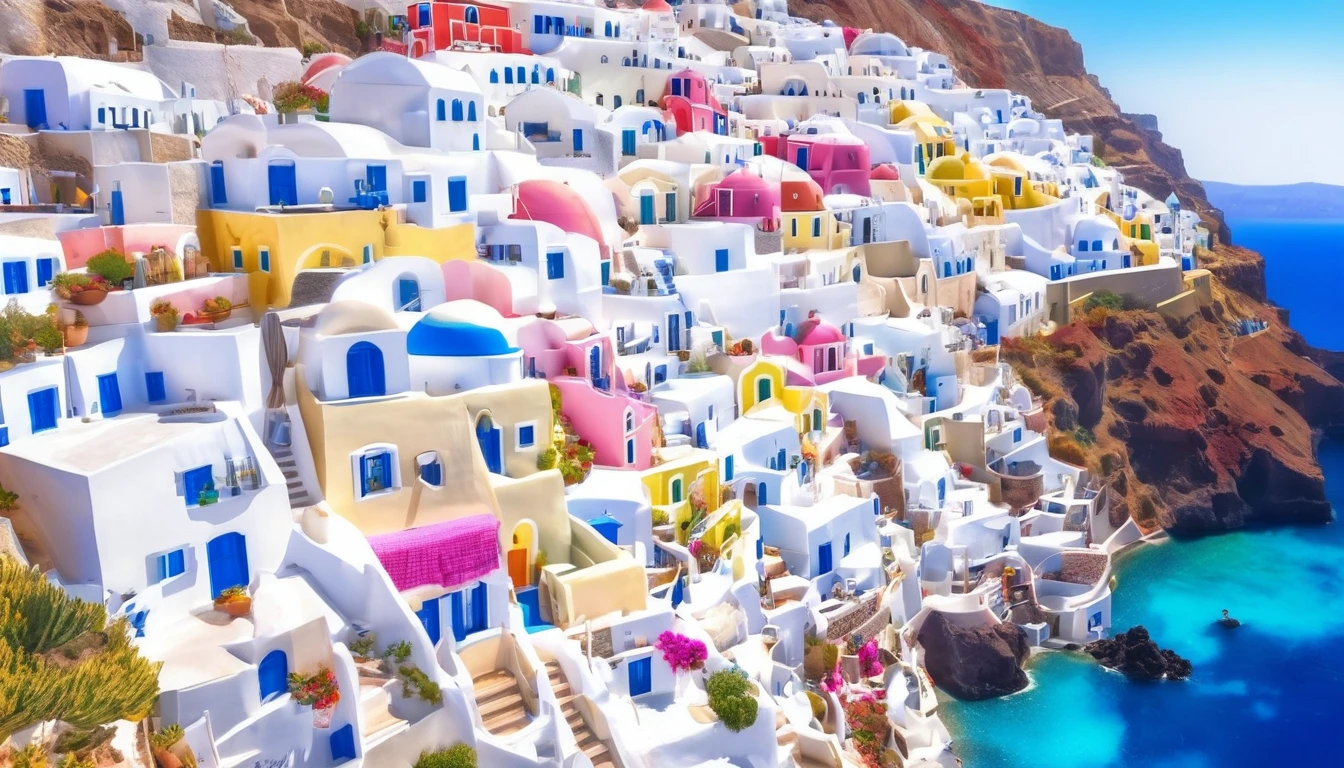 aerial front view Santorini Greece, multi color house blue cyan pink green yellow red, daylight, Mediterranean landscape, Greek fantasy panorama, Greek architecture, Greek fantasy, incredibly beautiful, Greek style, Mediterranean city, breathtaking image, masterpiece artwork, 8k, 16k, best quality, high detail, high quality, super detail, high resolution