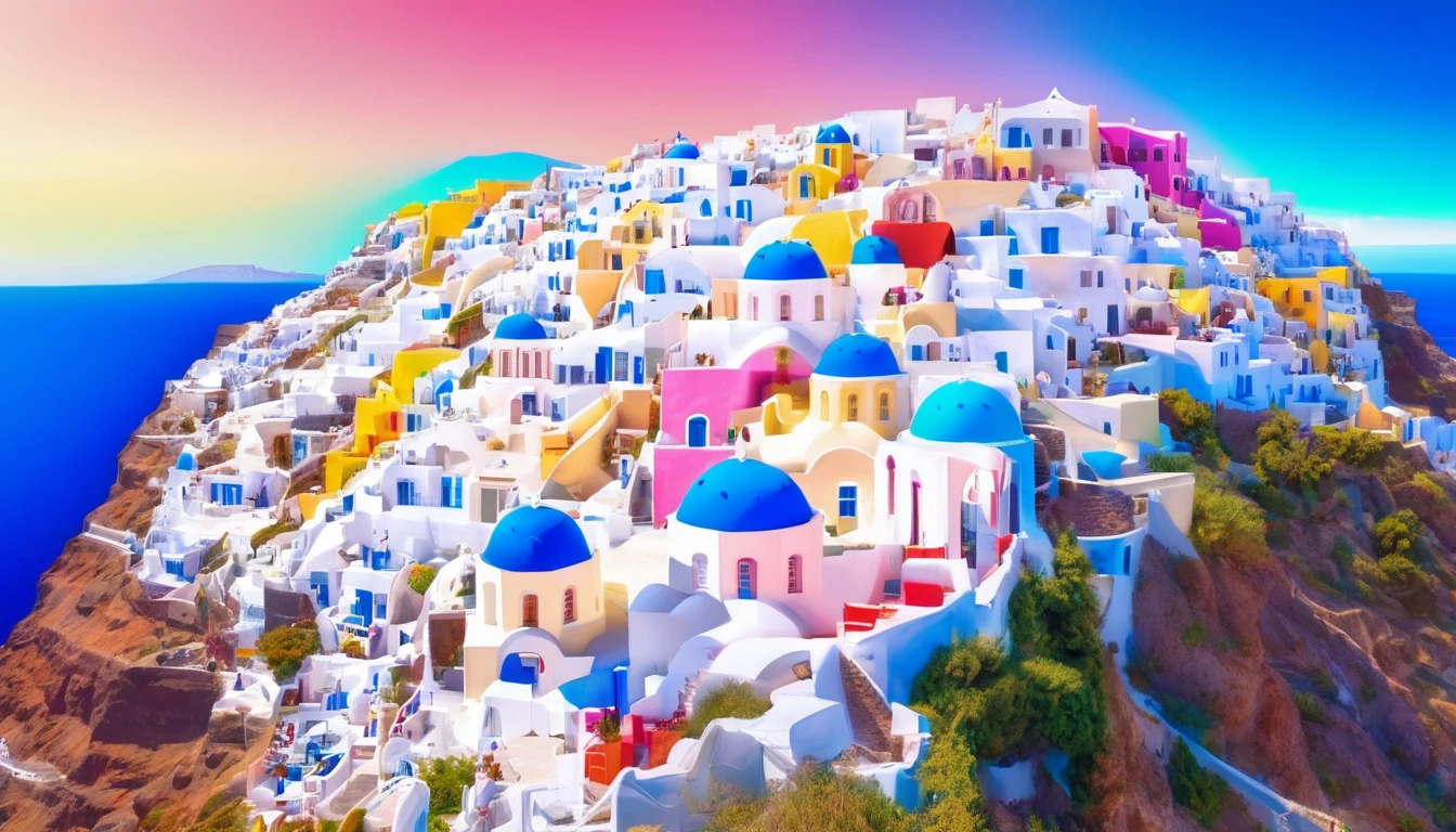 aerial front view Santorini Greece, multi color house blue cyan pink green yellow red, daylight, Mediterranean landscape, Greek fantasy panorama, Greek architecture, Greek fantasy, incredibly beautiful, Greek style, Mediterranean city, breathtaking image, masterpiece artwork, 8k, 16k, best quality, high detail, high quality, super detail, high resolution