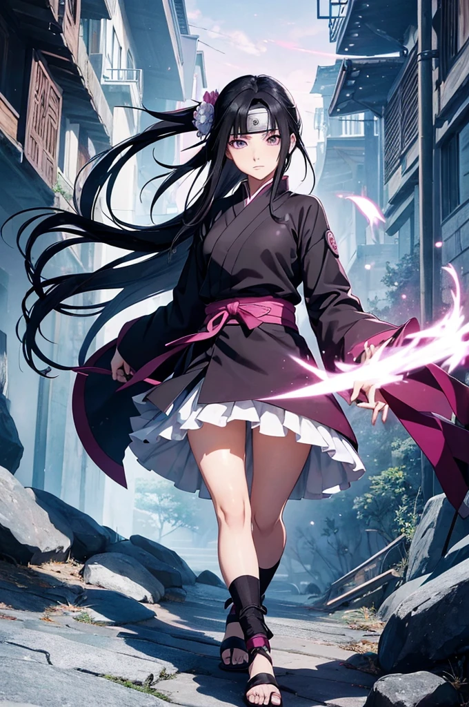 Naruto Shippuden screenshot of a girl with long straight shoulder length black hair, white skin, light purple eyes, heart shaped face. She is elegant, gentle, wearing a black gakuran with Chinese style electric code skirt with flowers patterns, black shoes, fantasy art, beautiful character drawing, yukata outfit, epic and exquisite character art, gorgeous character art, beautiful shinobi girl.