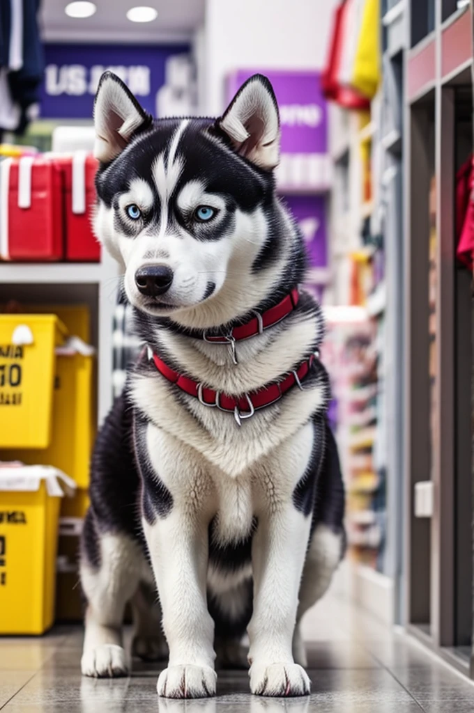 husky dog in a store