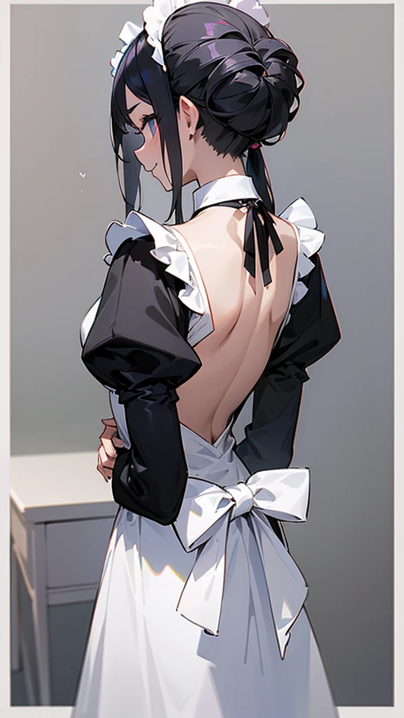 Masterpiece, Perfect hair, Black white Backless V-line maid costum, girl, white skin, Pendant, Smile, 2 view from front and back, all body shot, collar, she say "welcome master", 2 Views: From front and From back, border line,