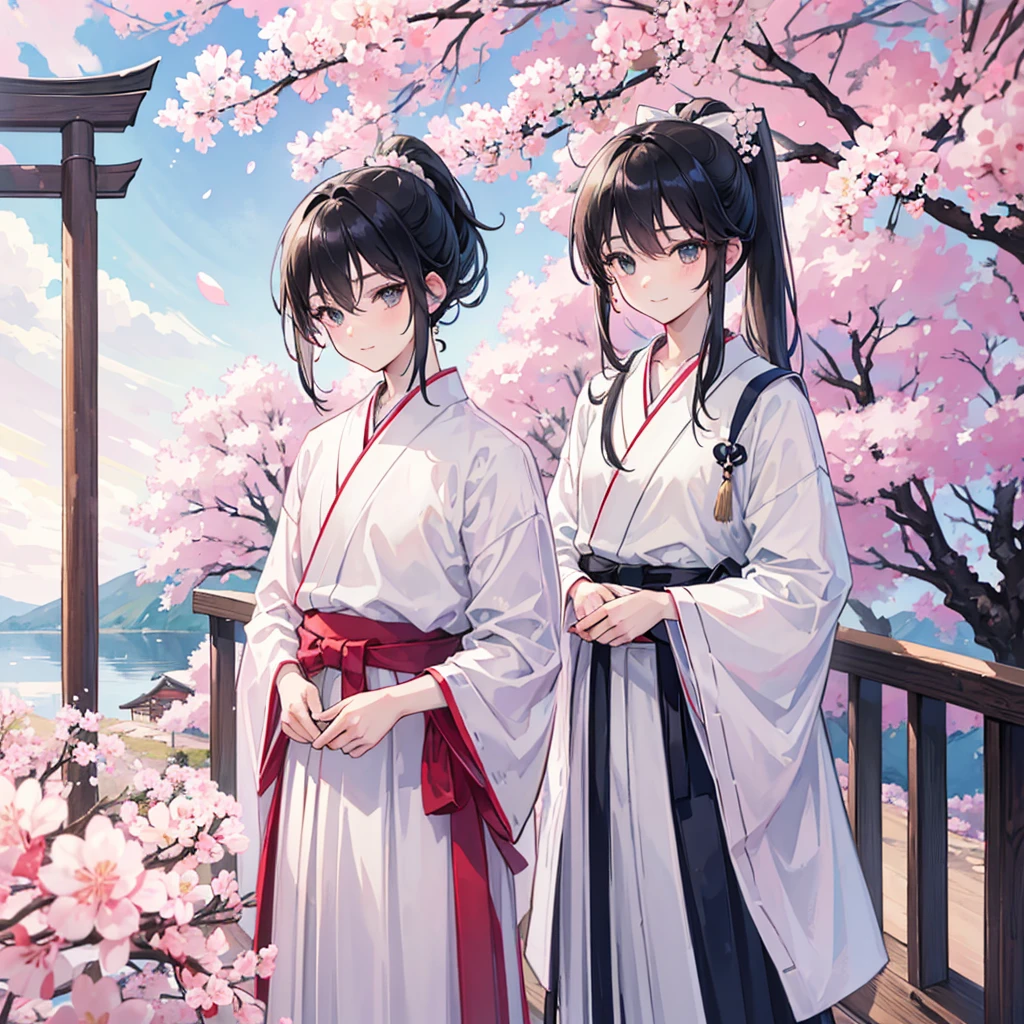 {{masterpiece}}, {{best quality}}, {ultra-detailed}, watercolor, spring, {{a cool boy}}, 1boy, solo,, beautiful black hair, beautiful black eyes, {beautiful eyes}, white-skinned, long hair, light smile,(hakama),(shrine),(cherry blossoms),{ponytail}