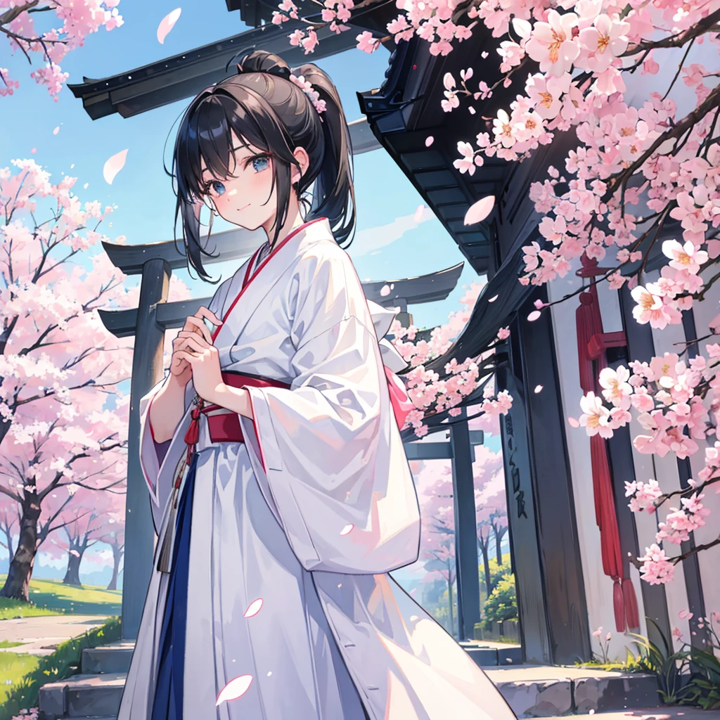{{masterpiece}}, {{best quality}}, {ultra-detailed}, watercolor, spring, {{a cool boy}}, 1boy, solo,, beautiful black hair, beautiful black eyes, {beautiful eyes}, white-skinned, long hair, light smile,(hakama),(shrine),(cherry blossoms),{ponytail}