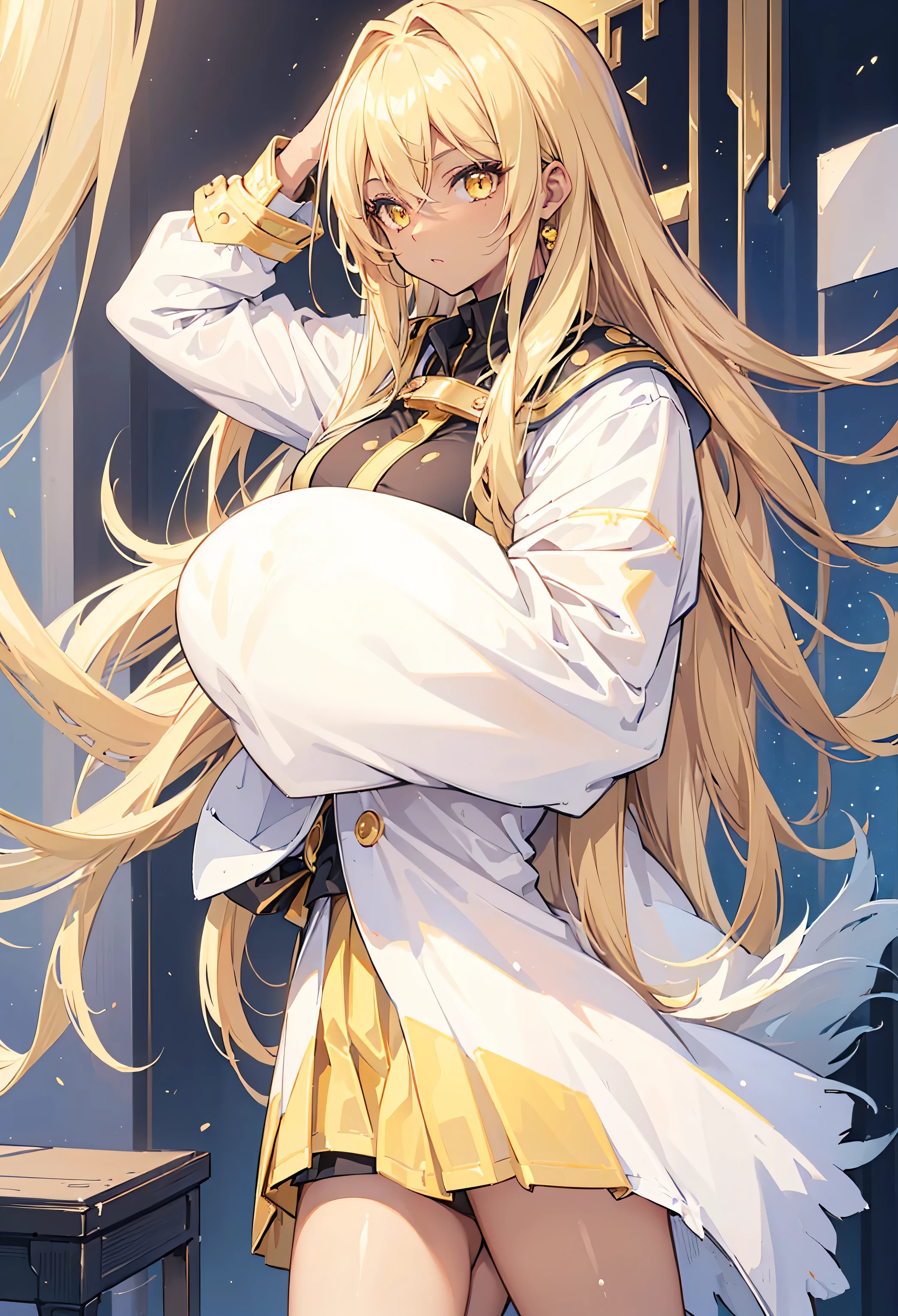 ((((masterpiece)))), high quality, very_high_resolution, large_filesize, full color,extremely detailed artwork,1 mature female((dark skin:1.5,golden eyes:1.4,Bright blonde hair:1.3,gal style,big ,)), Leopard-patterned underwear,tenjouin_asuka,1girl,blonde_hair,long_hair,duel_academy_uniform_\(yu-gi-oh!_gx\),brown_eyes,hair_between_eyes,large_breasts,yellow_eyes,blue_skirt,white_jacket,miniskirt,