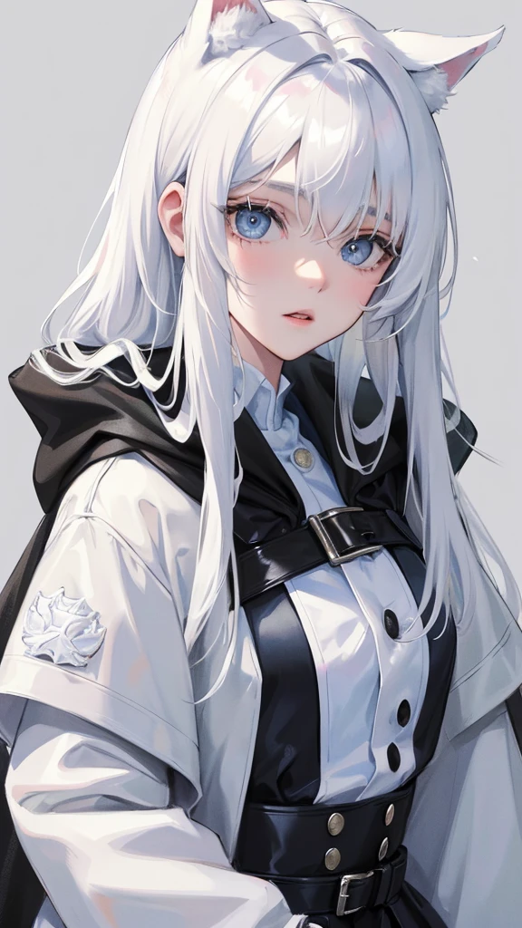 (Top resolution、Distinct_image)top-quality、A girl have white fluffy dog ears、masterpiece、highly detailed、Semi-realistic、blue eyes 、18year old、young、cool clothing、Exquisite facial features、Facial features ,variation potrait, a white background, white hair , long hairstyles, students uniform, teenage, cute, black cloaks, dropped dogs ear