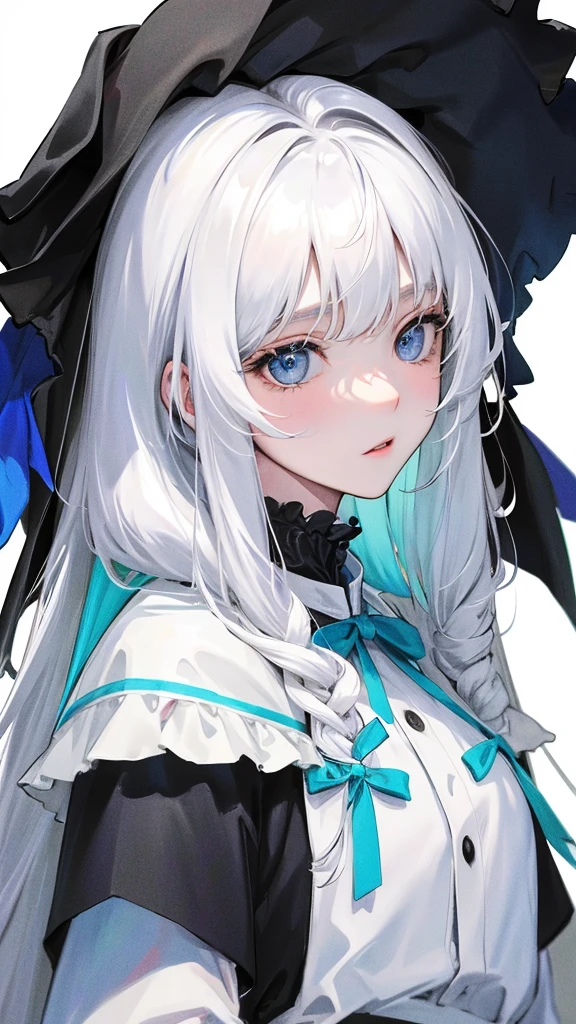 (Top resolution、Distinct_image)top-quality、A girl have white fluffy dog ears、masterpiece、highly detailed、Semi-realistic、blue eyes 、18year old、young、cool clothing、Exquisite facial features、Facial features ,variation potrait, a white background, white hair , long hairstyles, students uniform, teenage, cute, black cloaks, dropped dogs ear