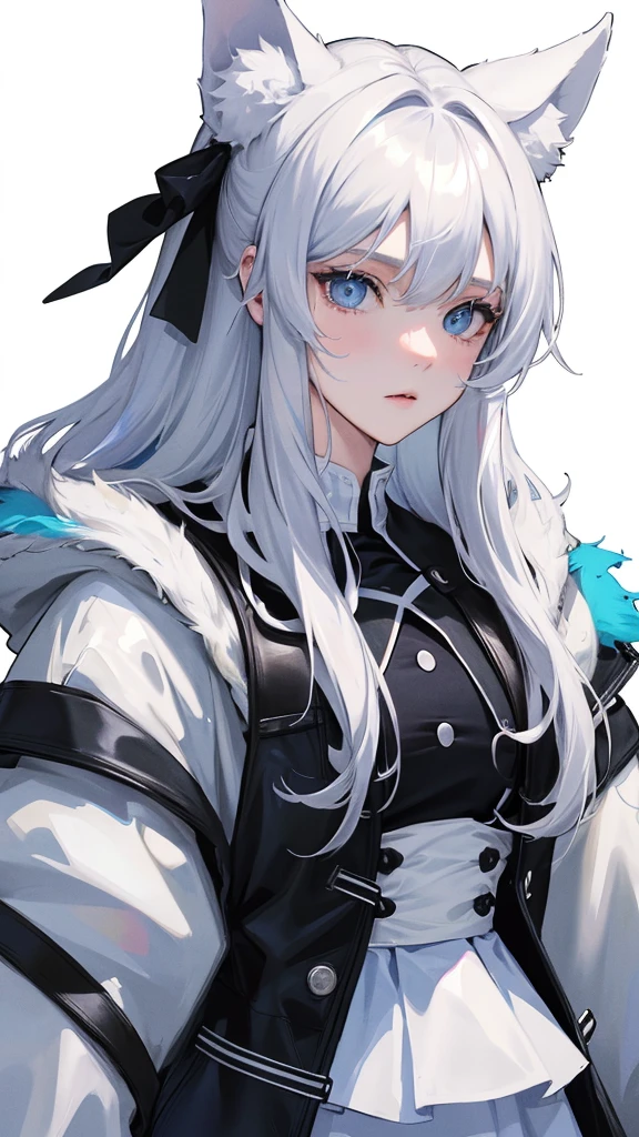 (Top resolution、Distinct_image)top-quality、A girl have white fluffy dog ears、masterpiece、highly detailed、Semi-realistic、blue eyes 、18year old、young、cool clothing、Exquisite facial features、Facial features ,variation potrait, a white background, white hair , long hairstyles, students uniform, teenage, cute, black cloaks, dropped dogs ear