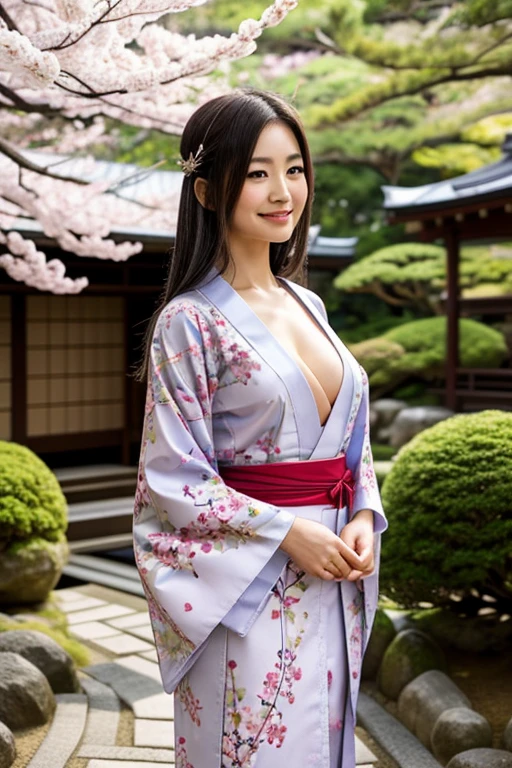 A beautiful woman、Japanese、Black and white kimono、In the Japan garden、Big 、Black Hair、Shortcuts、Her chest is exposed、Holding an umbrella