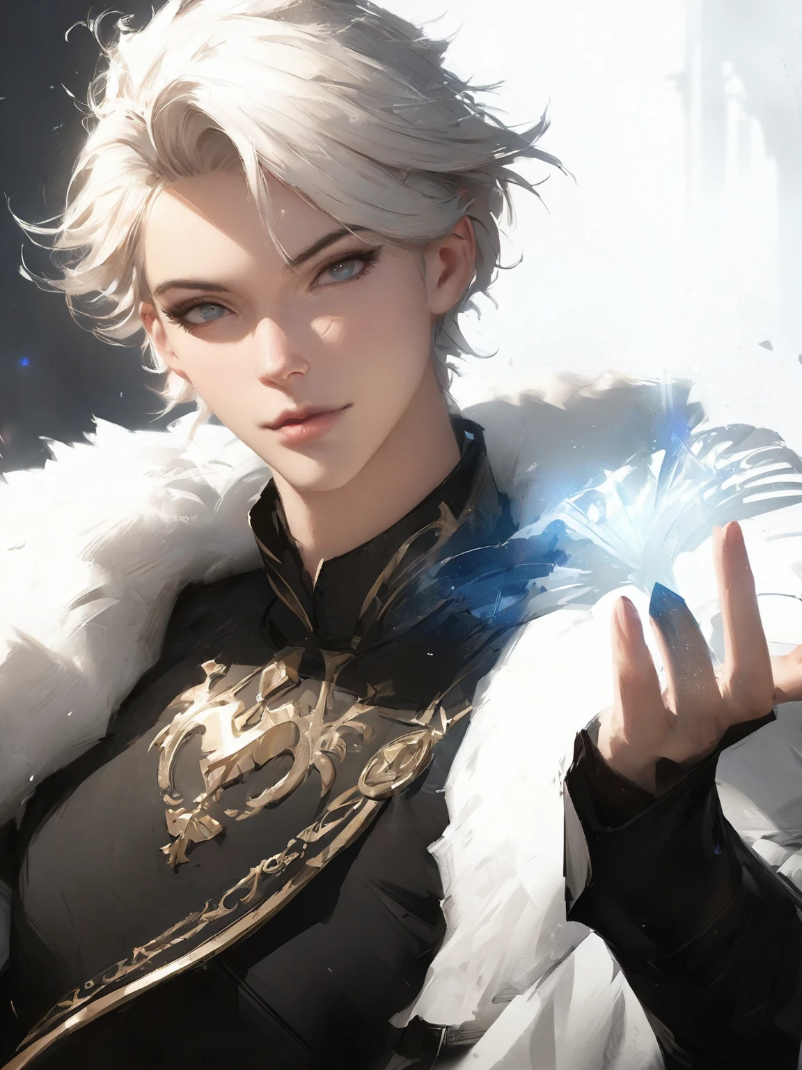 Anime style image of a man dressed in black sitting in a dark and gloomy landscape. Pillars rise from the ground, beautiful androgynous prince, Gweiz style artwork, guweiz on pixiv artstation, guweiz on artstation pixiv, highly detailed fan art, Jan J., a delicate androgynous prince, fan art best artstation