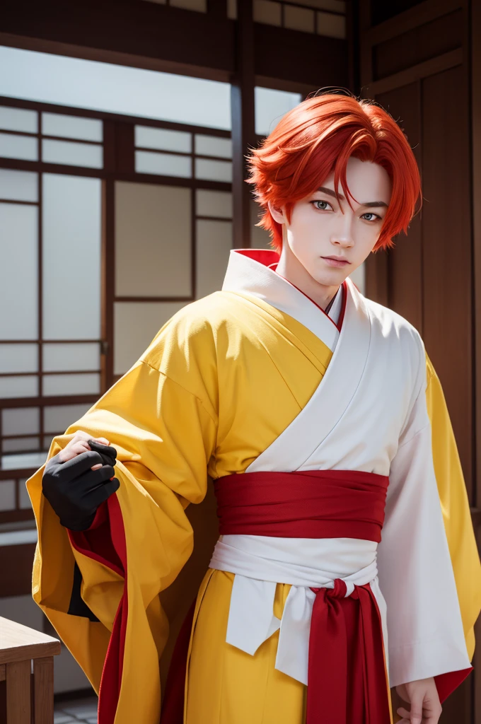 Create a boy with red hair and yellow eyes, with a Japanese outfit