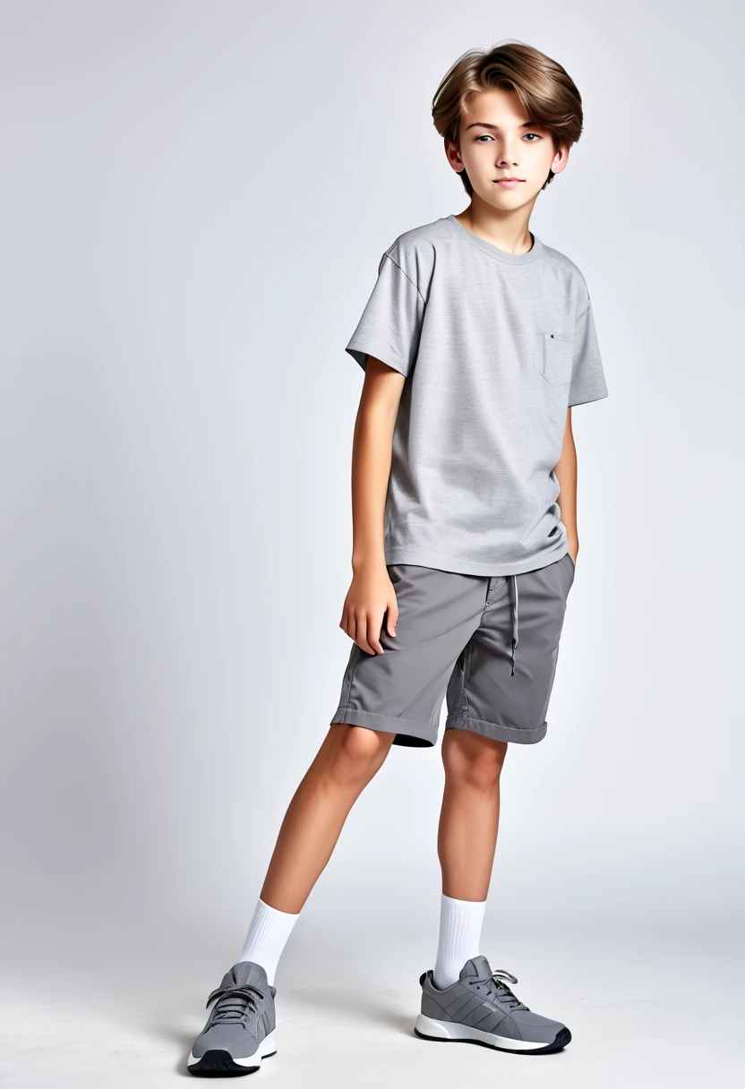 The 14 year old boy in a gray shoes shirt and gray shorts 