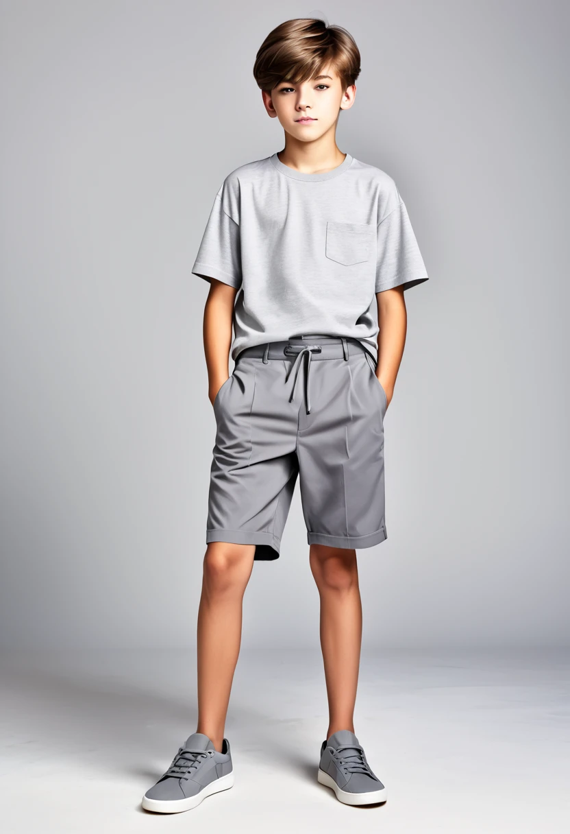 The 14 year old boy in a gray shoes shirt and gray shorts 