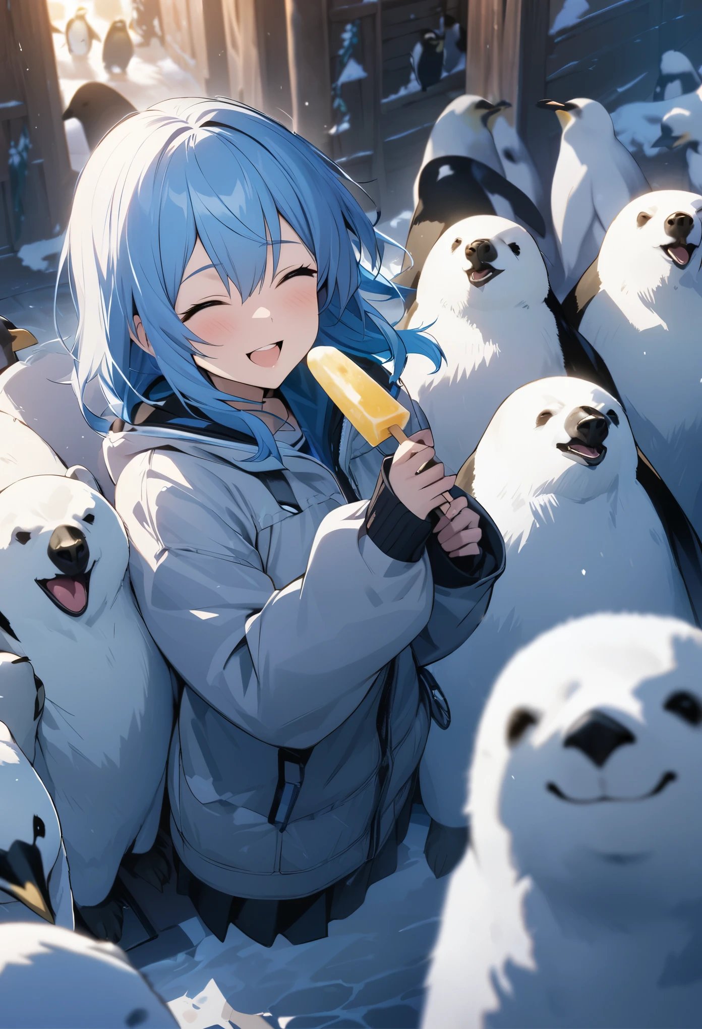 masterpiece, best quality, extremely detailed CG unity 8k wallpaper, Cool atmosphere、A girl eating ice cream on drift ice、Blue Hair、18-year-old、Surrounded by polar bears and penguins、All smiles、Cold wind blows、