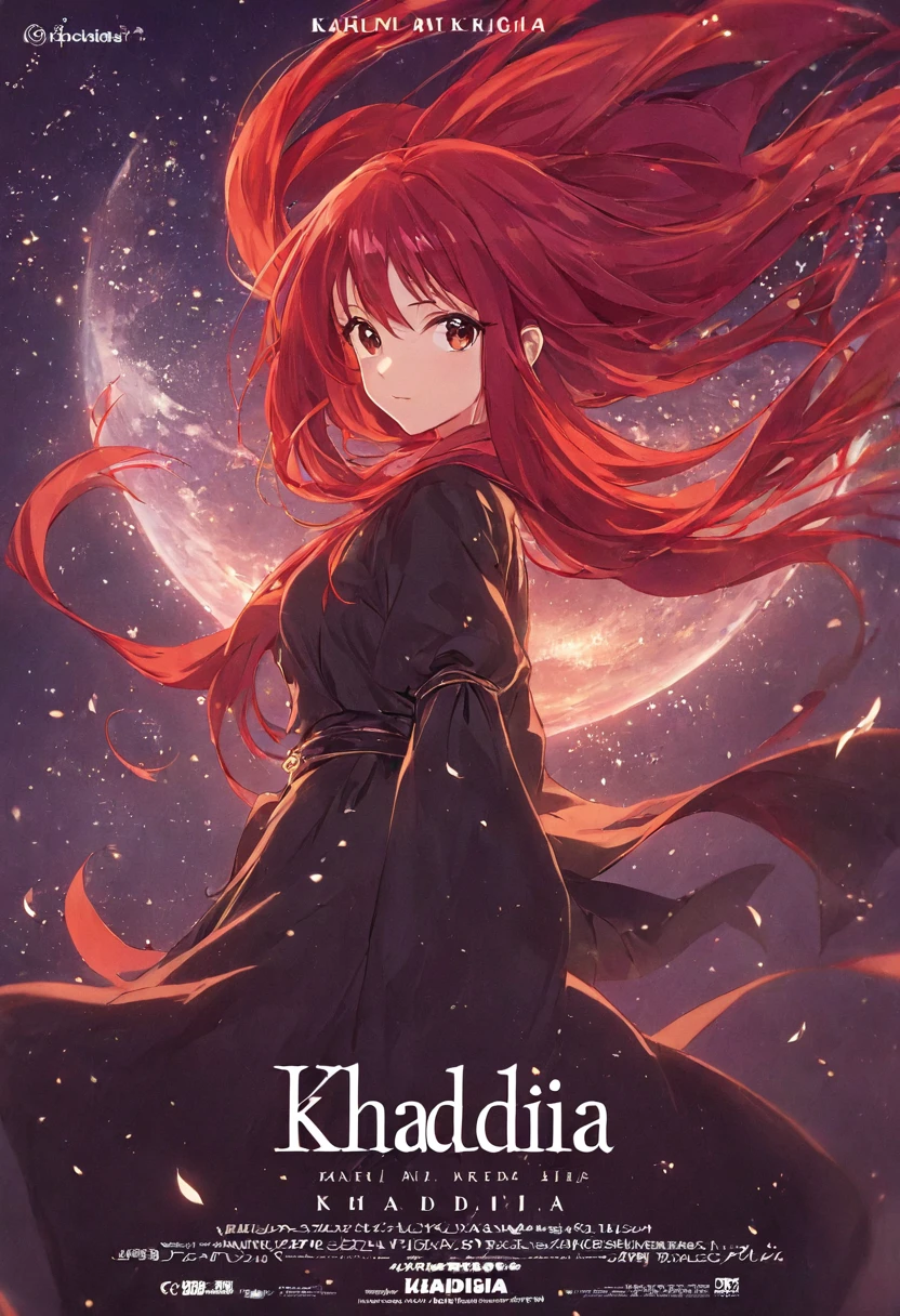 1girl, red hair, anime style, anime, with title "khadija" on it
,Movie Poster, MoviePosterRedAF,
,