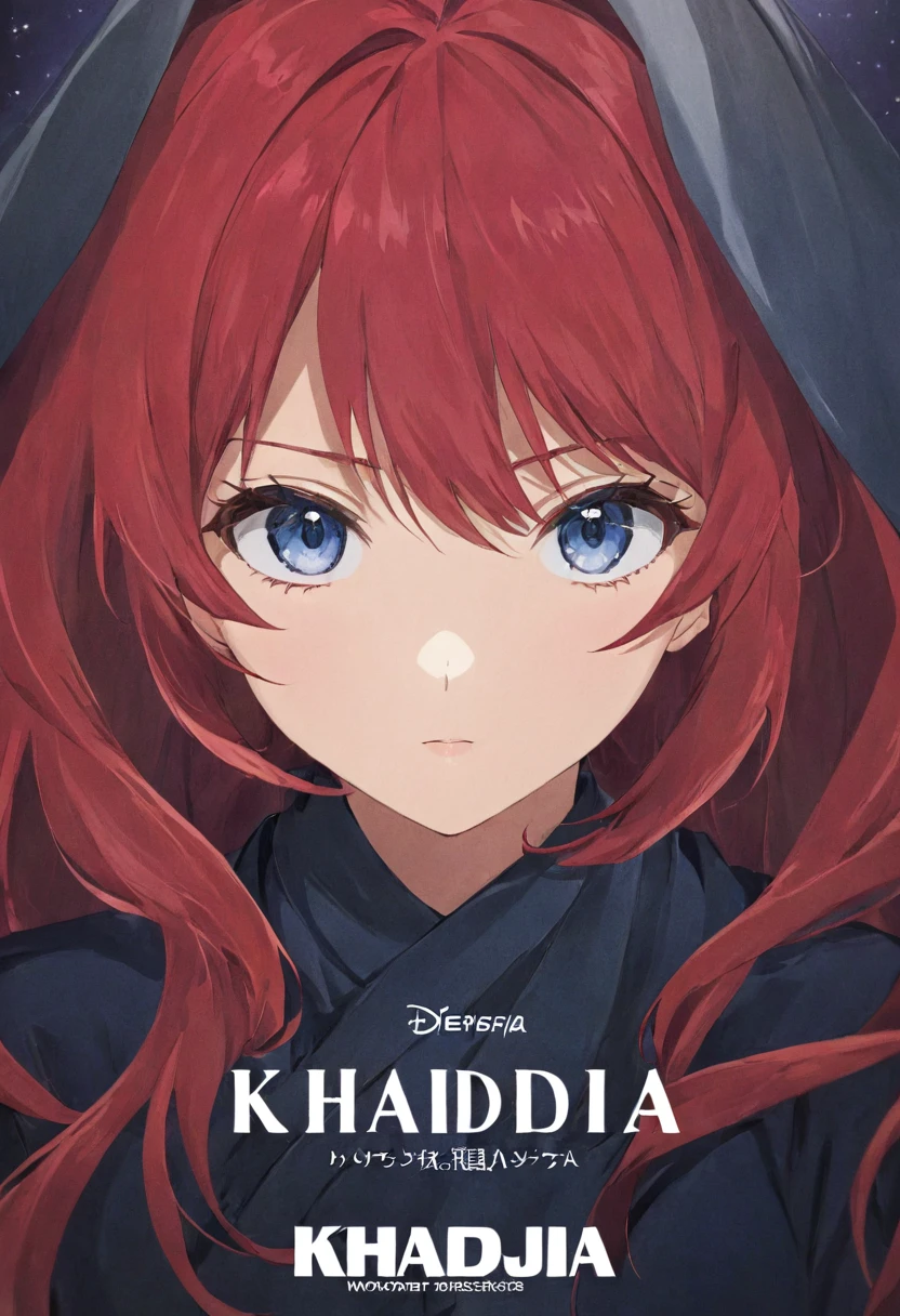 1girl, red hair, anime style, anime, with title "khadija" on it
,Movie Poster, MoviePosterRedAF,
,