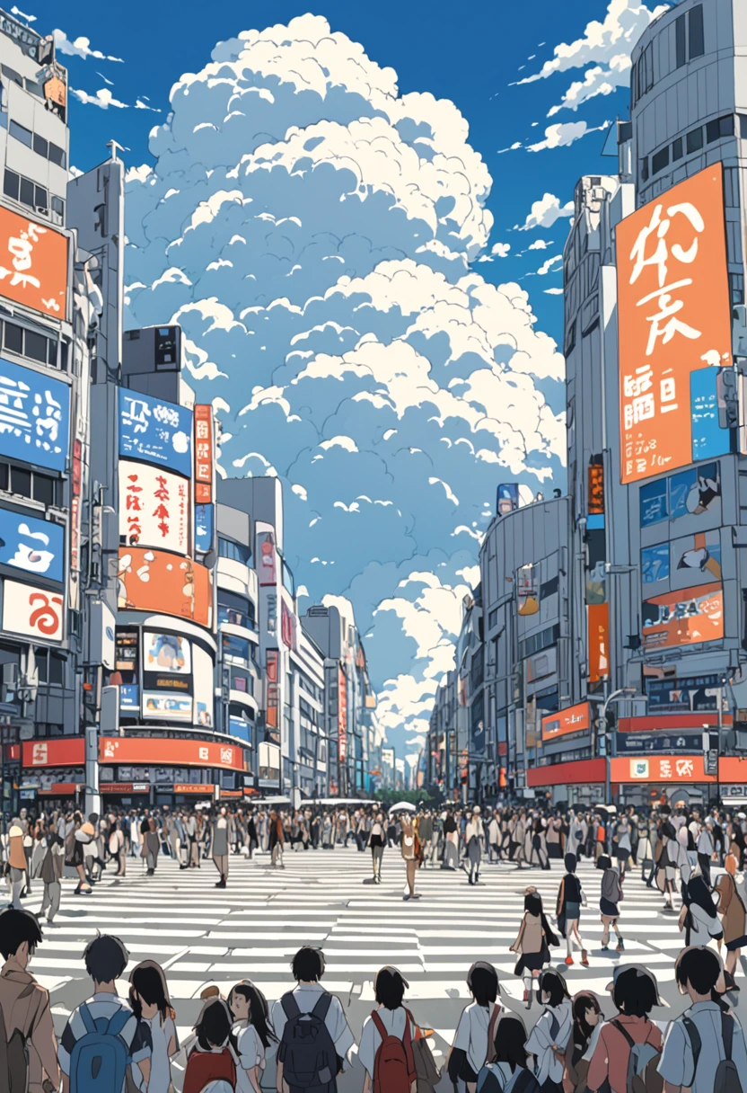 ((anime: 1.4, shape)), (masterpiece, Highest quality, Highest quality), (Very detailed, The perfect solution), ((16K, High resolution)) (Shibuya Scramble Crossing, anime Style, Cumulonimbus, blue sky, crowd), ( anime: 1.4, shape)), (masterpiece, Highest quality, Highest quality), (Very detailed, The perfect solution). and {Lofi Art, ローリー・グリースリーのstyle, makoto shinkai&#39;style, anime Aesthetic}, break {(Produces images with over 40 million pixels of information and cinematic detail。Hot on Sony&#39;s Slur).}